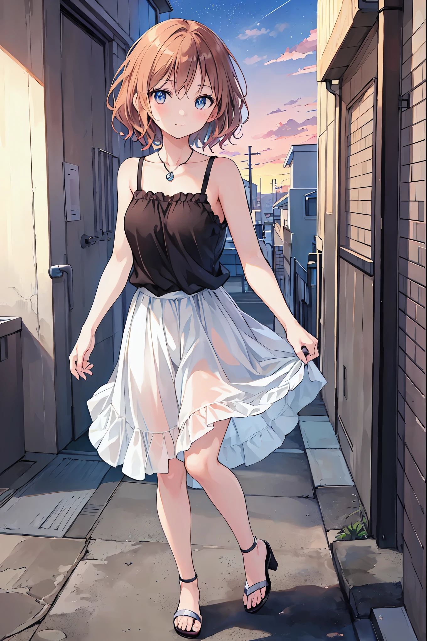 Yo Watanabe, Yu Watanabe, Brown Hair，Shortcuts，Messy Hair，Short braided hair，Neat，Slender beauty，A dignified posture，Small chest，Beautiful feet，Her captivating grey-blue eyes shine like stars，Vibrant colors,Beautiful Eyes,A delicate smile,Textured Skin,The best quality at its best,A kind and beautiful woman,Anime Style､,Orange hair band,Locket Pendant,Black camisole,Bareneck,Expose your shoulders,Bare clavicle,,Cute stiletto heels,evening,sunset,walk,The sun goes down,whole bodyがイラストに入るように,Looking down from above,
break outdoors, Coastal Road,construction site,
break looking at viewer, whole body,
break (masterpiece:1.2), Best quality high resolution, Unity 8K Wallpaper, (shape:0.8), (Beautiful details:1.6), Detailed painted face, Perfect lighting, Extremely detailed CG, (Perfect hands, Perfect Anatomy),