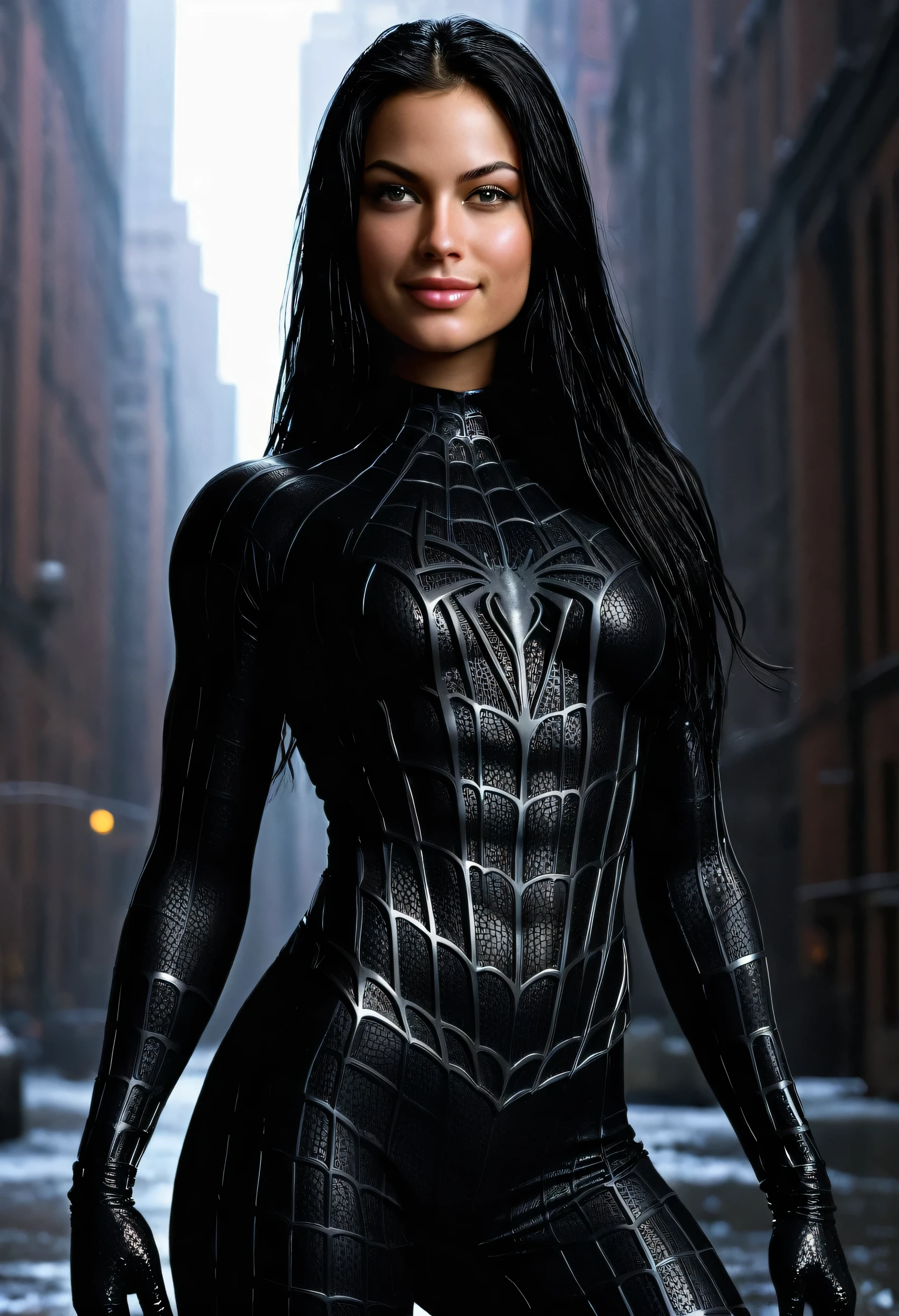 score_9, score_8_up, score_7_up, best quality, realistic, masterpiece, beautiful detail, hyperrealistic, (1girl, woman body, smile, black hair), big breasts:1, amazing detailed full body portrait of a beautiful American girl, defined muscle girl, wearing a realistic and highly detailed black raimi spider-man suit, ((huge muscular girl)), professional model wears ultra - detailed black raimi spider - man suit, ultra - detailed and grained black raimi spiderman suit, suit covered entire body and hand, black spiderman gloves, wet, (romantic scene), (full body), (dirty skin), close up, octane render, highly detailed, volumetric, dramatic lighting, (highest quality:1.1), (HDR:1.3), (top quality, best quality), realistic, high definition,
