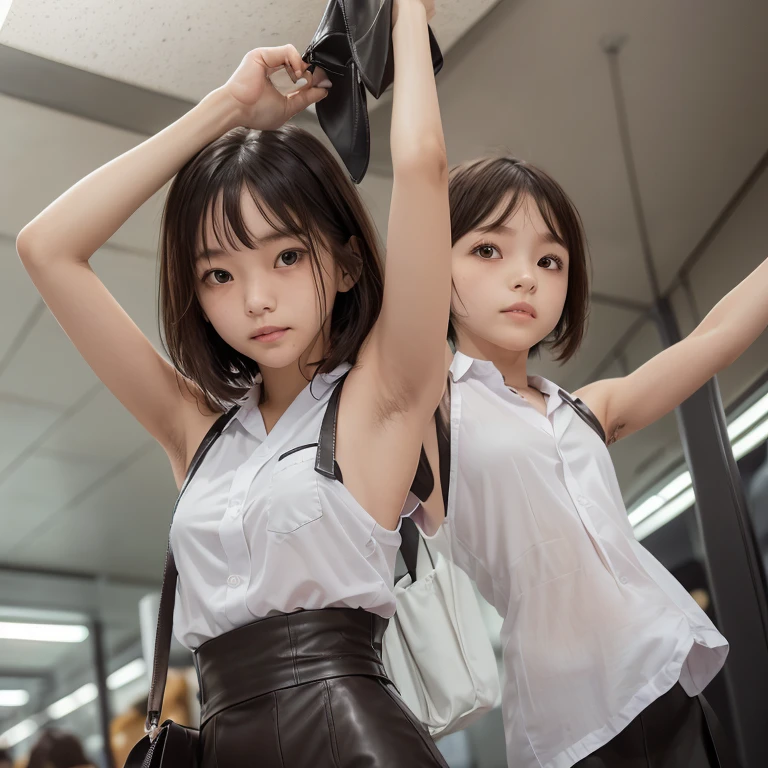 1girl,((((a young very cute japanese anorexic woman is holding leather strap with right hand and holding small bag with left hand:1.7)))),(((in shaking crowded train))),(((looking blankly at ceiling:1.5))),(((armpit is visible through gap in sleeve)))),(((wearing mathayom uniform,white shirt short sleeves,gray skirt))),4K, 8K, (Masterpiece, best quality:1.2),Very realistic eyes, perfect face,24years old,(((thin girl))),(((skinny girl))),(((slim girl))),white skin,deep navel,Narrow waist,big eyes,((expressionless)),Narrow waist,((close up armpit)),(((armpit))),((waki)),((armpit hair:1.4)),((brown short hair)),(((upper body))),view from below