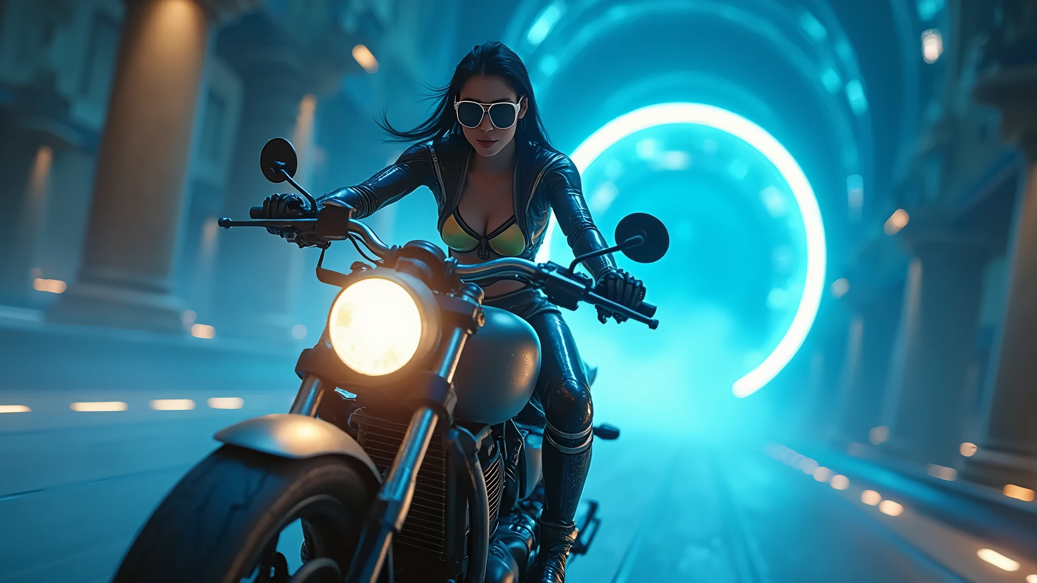 C7b3rp0nkStyle, dark night, prehistoric maze mysterial park, moai statue, waterfall, eagle, cyberpunk, sci-fi, futuristic, tech. (((((1girl, solo, alone, superbiker, close-up superbike shot))))), medium-breast:1.1 slim body, cleavage, sexy clothes, (headphone, black sunglasses, long black realistic hair), (((superbike riding and holding pistol poses))), half-body thigh level medium shot, cinematic lighting, lens flare, ray tracing.