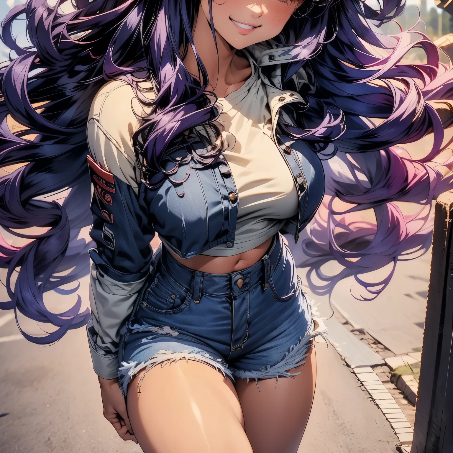 4k, HDR, full HD, Masterpiece, 1girl, solo, long purple hair, perfect anatomy, full body, denim shirt with knot at the waist, denim shirt blue and pink line design, under the denim shirt she wears a white crop top , worn jeans, walks towards a hair that is grazing, she smiles openly, and you can see her cheeks red from the intense heat,