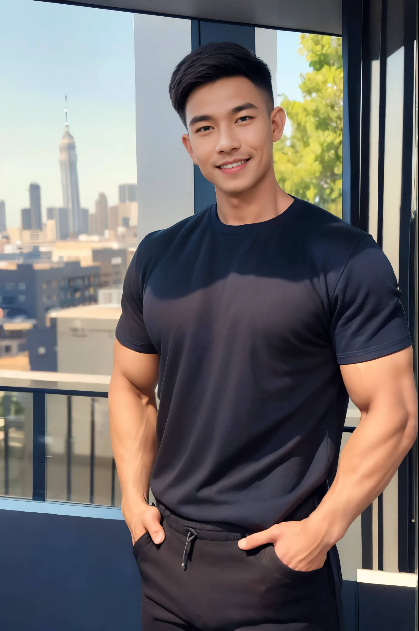 (armface:1.3) , Handsome young man standing and smiling, (Have a mustache:0.8) , (Short hair:1.2), (High Neck Tight T-Shirt:0.8), (Navy blue shirt:1.3),Black pants, Big muscles, Handsome and muscular, Full body angle,(Blurred background:1.5),(Kitchen balcony:1.1),,(Blurred background:1.5)