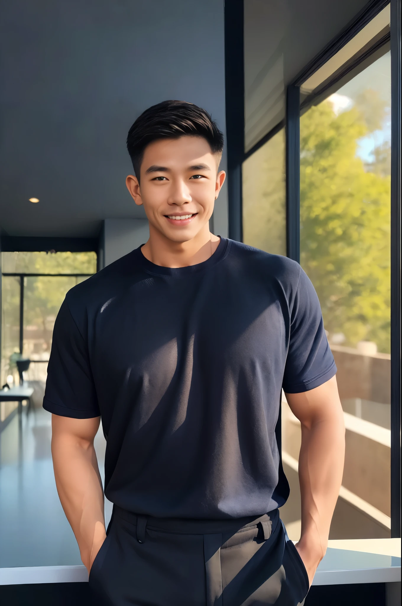 (armface:1.3) , Handsome young man standing and smiling, (Have a mustache:0.8) , (Short hair:1.2), (Polo shirt:0.8), (Navy blue shirt:1.3),Black pants, Big muscles, Handsome and muscular, Full body angle,(Blurred background:1.5),(Kitchen balcony:1.1),,(Blurred background:1.5)