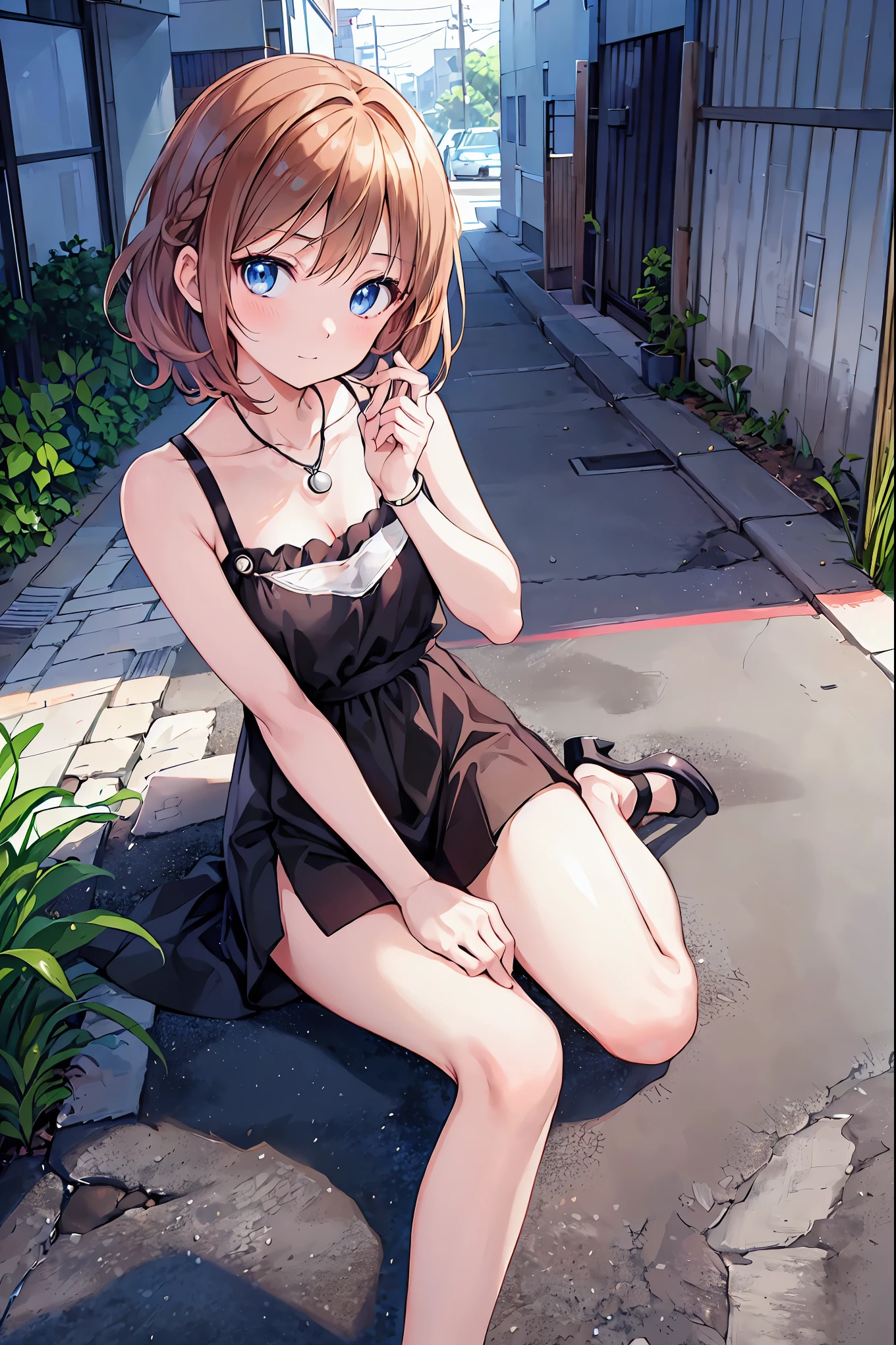 Yo Watanabe, Yu Watanabe, Brown Hair，Shortcuts，Messy Hair，Short braided hair，Neat，Slender beauty，A dignified posture，Small chest，Beautiful feet，Her captivating grey-blue eyes shine like stars，Vibrant colors,Beautiful Eyes,A delicate smile,Textured Skin,The best quality at its best,A kind and beautiful woman,Anime Style､,Orange hair band,Locket Pendant,Black camisole,Bareneck,Expose your shoulders,Bare clavicle,,Cute stiletto heels,evening,sunset,walk,The sun goes down,whole bodyがイラストに入るように,Looking down from above,
break outdoors, Coastal Road,construction site,
break looking at viewer, whole body,
break (masterpiece:1.2), Best quality high resolution, Unity 8K Wallpaper, (shape:0.8), (Beautiful details:1.6), Detailed painted face, Perfect lighting, Extremely detailed CG, (Perfect hands, Perfect Anatomy),