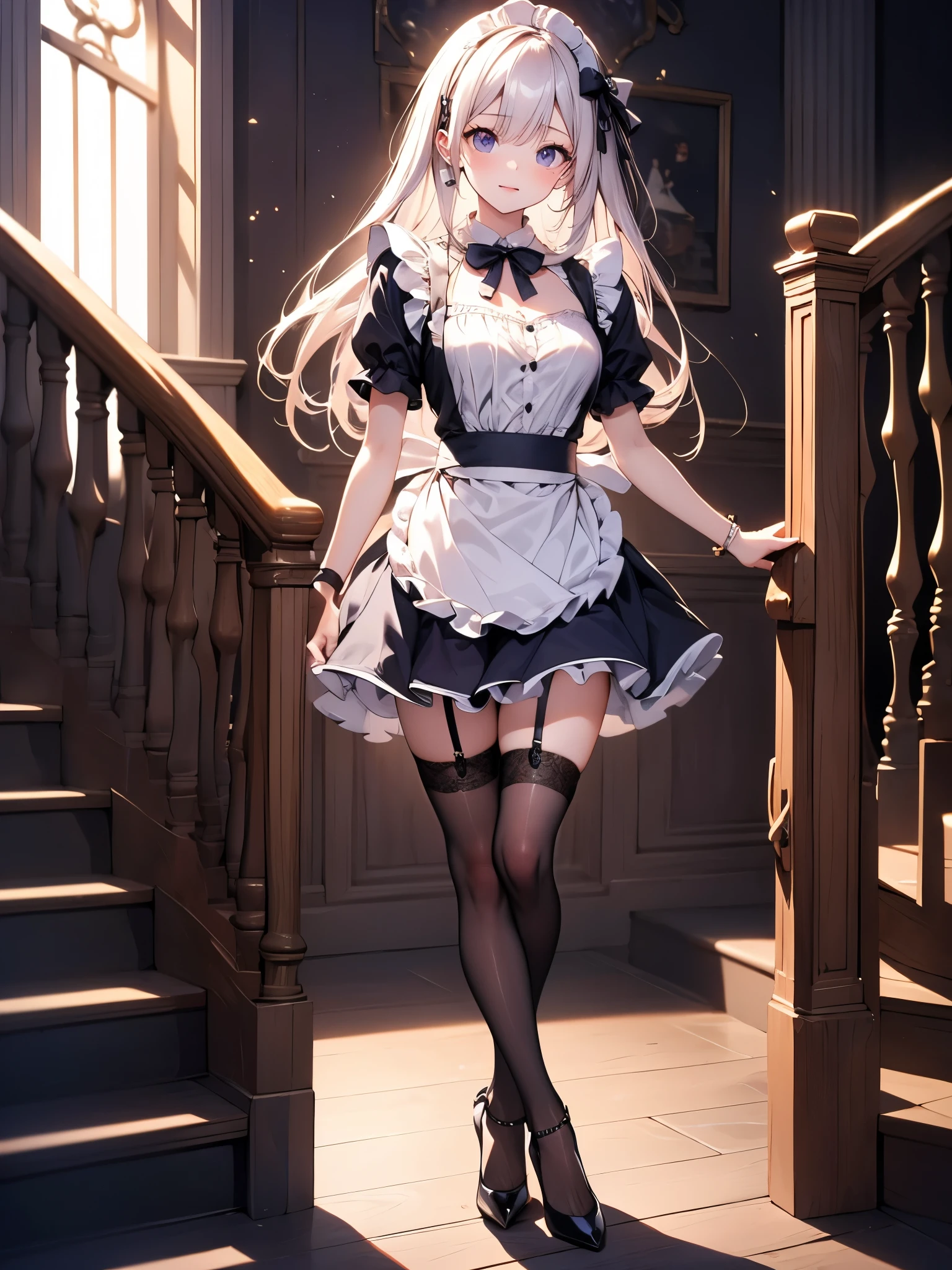 1 maid girl , ((skirt lift)), ((panties)), pantyhose ,(upper knees), character focus, close to viewer,blush, embarrassing ,high resolution,(incredibly absurdres), (hires.fix:1.3),anime visual,ultra detailed CG unity 8k wallpaper, ((masterpiece)), ((top-quality)), (beautiful illustration), ((an extremely delicate and beautiful))