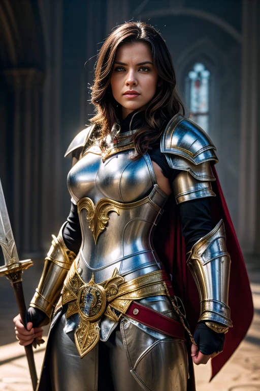 A powerful female Paladin standing tall in gleaming silver and gold armor, intricately detailed with divine symbols that glow with a soft, holy light, Her armor is both elegant and formidable, with a radiant sword in one hand and a large, gold trim, shiny armor, ornate shield etched with protective runes in the other, Her long, flowing cape catches the light of a rising sun, adding a sense of movement and grace, Around her is a misty battlefield, shrouded in shadows, broken weapons, and scattered armor, Her posture exudes both strength and grace, radiating a divine aura of righteousness and unwavering courage,