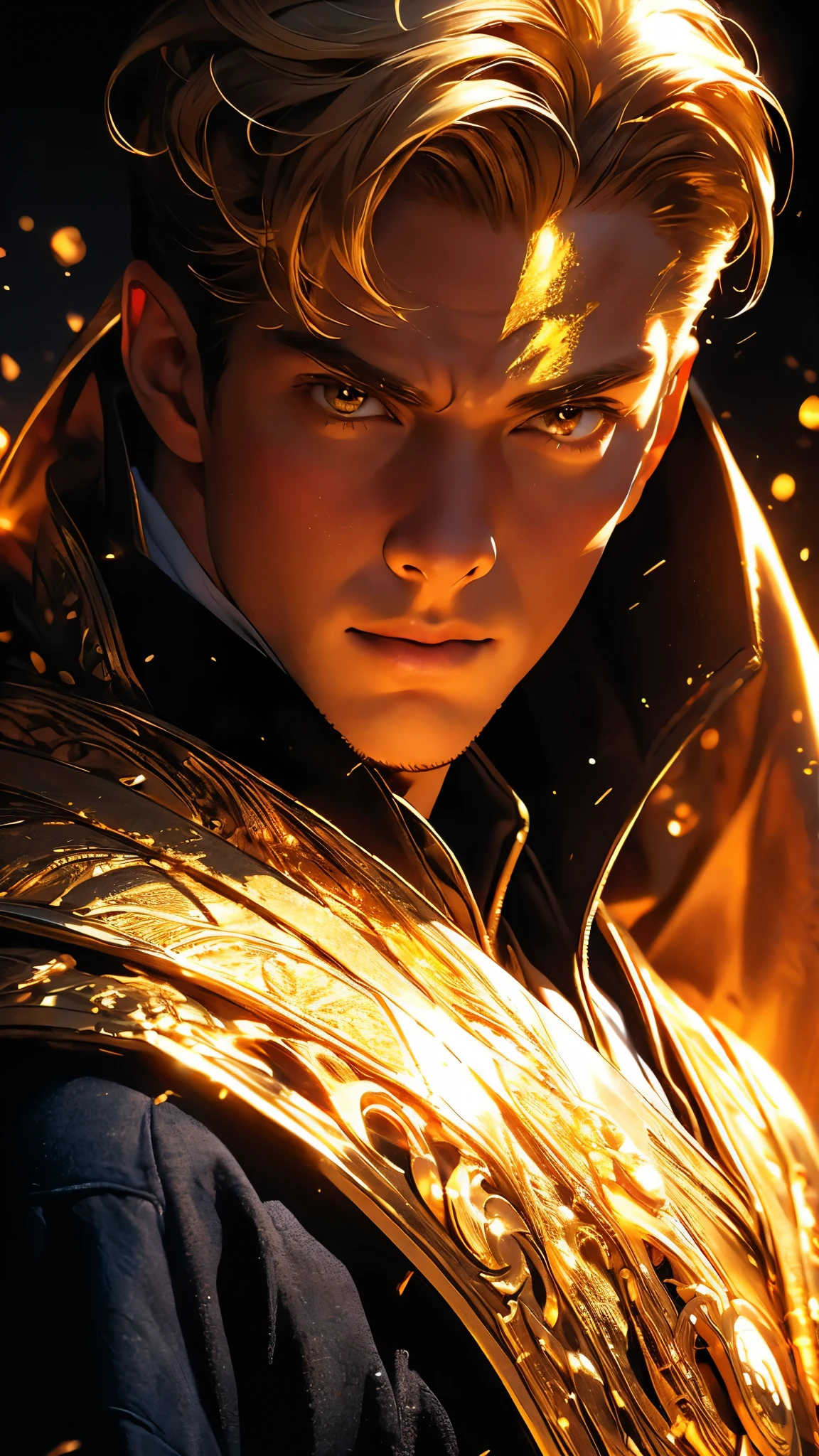 ((masterpiece)), envision a 8k, highres, cinematic, semi realistic, detailed, close up portrait of a strong boy, strong face, mature face, slender muscular body, blonde hair, orange eyes, dark robes, golden cape, golden armor, ((Dr Fate)), (((1boy))), in dark lighting, against a dark background