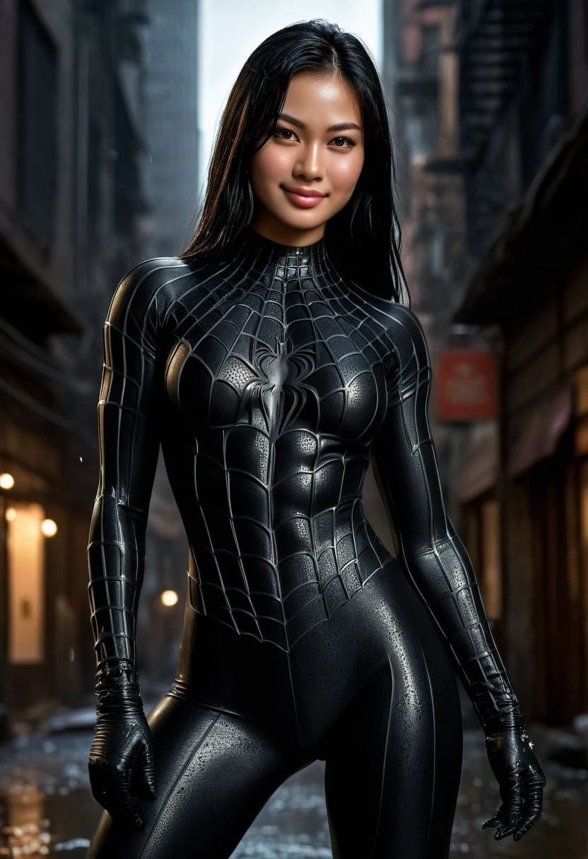 score_9, score_8_up, score_7_up, best quality, realistic, masterpiece, beautiful detail, hyperrealistic, (1girl, woman body, smile, black hair), big breasts:1, amazing detailed full body portrait of a beautiful Thailand girl, defined muscle girl, wearing a realistic and highly detailed black raimi spider-man suit, ((huge muscular girl)), professional model wears ultra - detailed black raimi spider - man suit, ultra - detailed and grained black raimi spiderman suit, suit covered entire body and hand, black spiderman gloves, wet, (romantic scene), (full body), (dirty skin), close up, octane render, highly detailed, volumetric, dramatic lighting, (highest quality:1.1), (HDR:1.3), (top quality, best quality), realistic, high definition,
