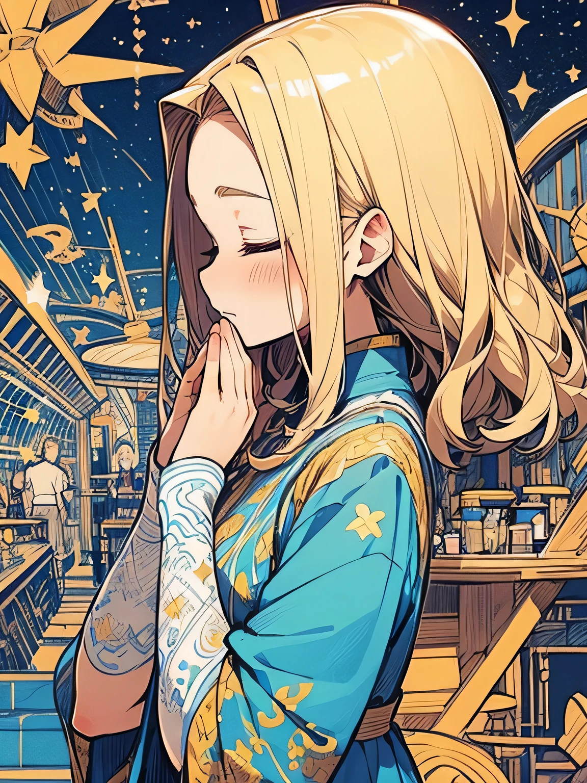 (((sideview))),solo,upperbody,blonde hair,big forehead,(closed eyes serious sad),praying own hands together,Mercurius,Star gods,Aurora,Merry-go-round,(manga style),(sketch),(illustration),