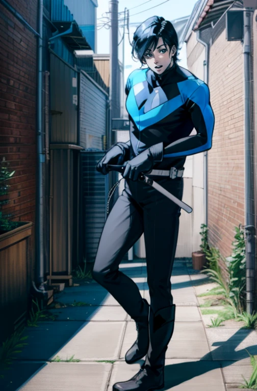 Back alley, Nightwing costume, handsome and cool beautiful boy, tall, sexy body, pained face, cum on face, beautiful skin, 20s, Nightwing gloves, Nightwing boots.