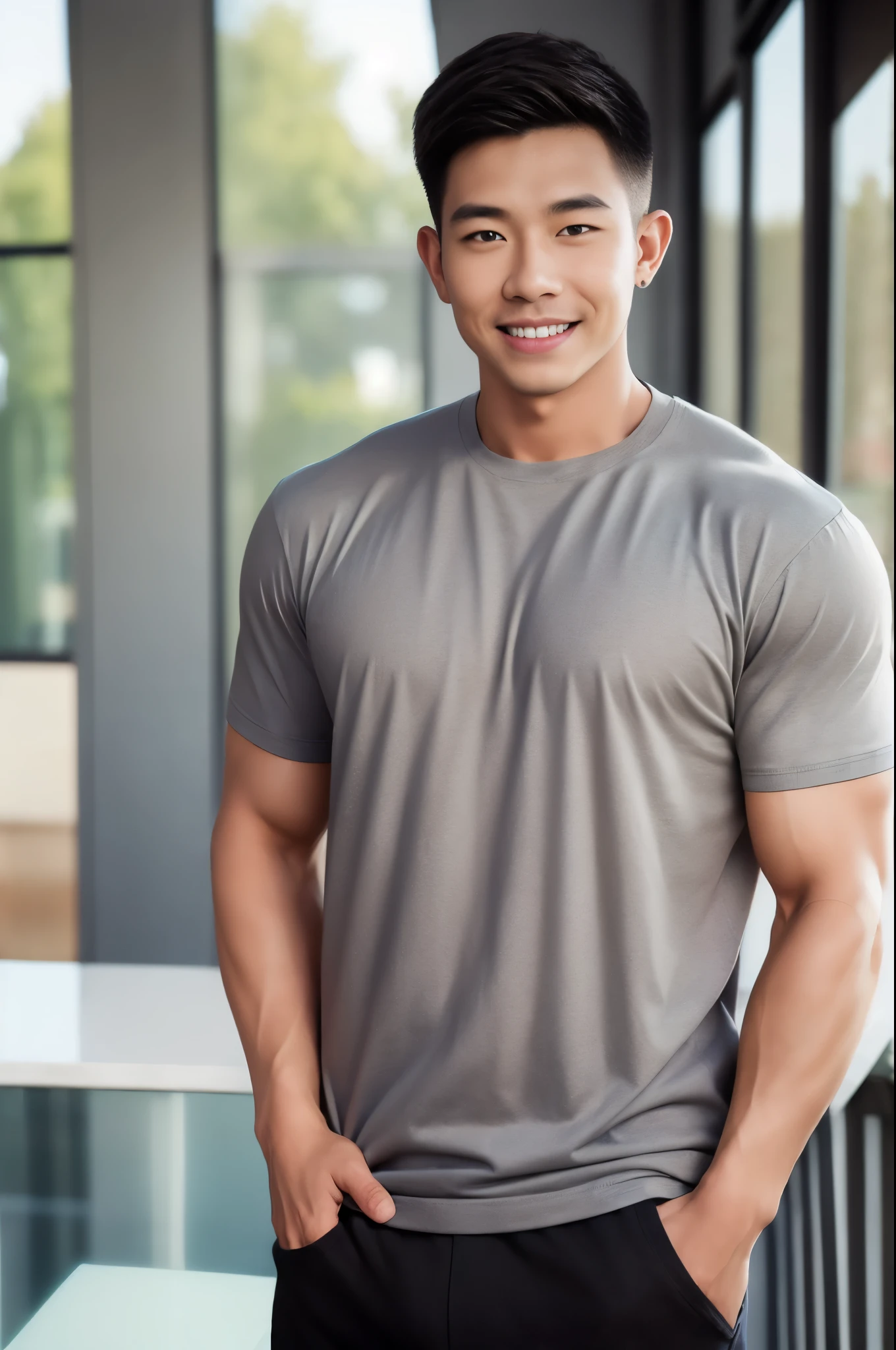 (armface:1.3) , Handsome young man standing and smiling, (Have a mustache:0.8) , (Short hair:1.2), (Polo shirt:0.8), (Gray shirt:1.3),Black pants, Big muscles, Handsome and muscular, Full body angle,(Blurred background:1.5),(Kitchen balcony:1.1),,(Blurred background:1.5)