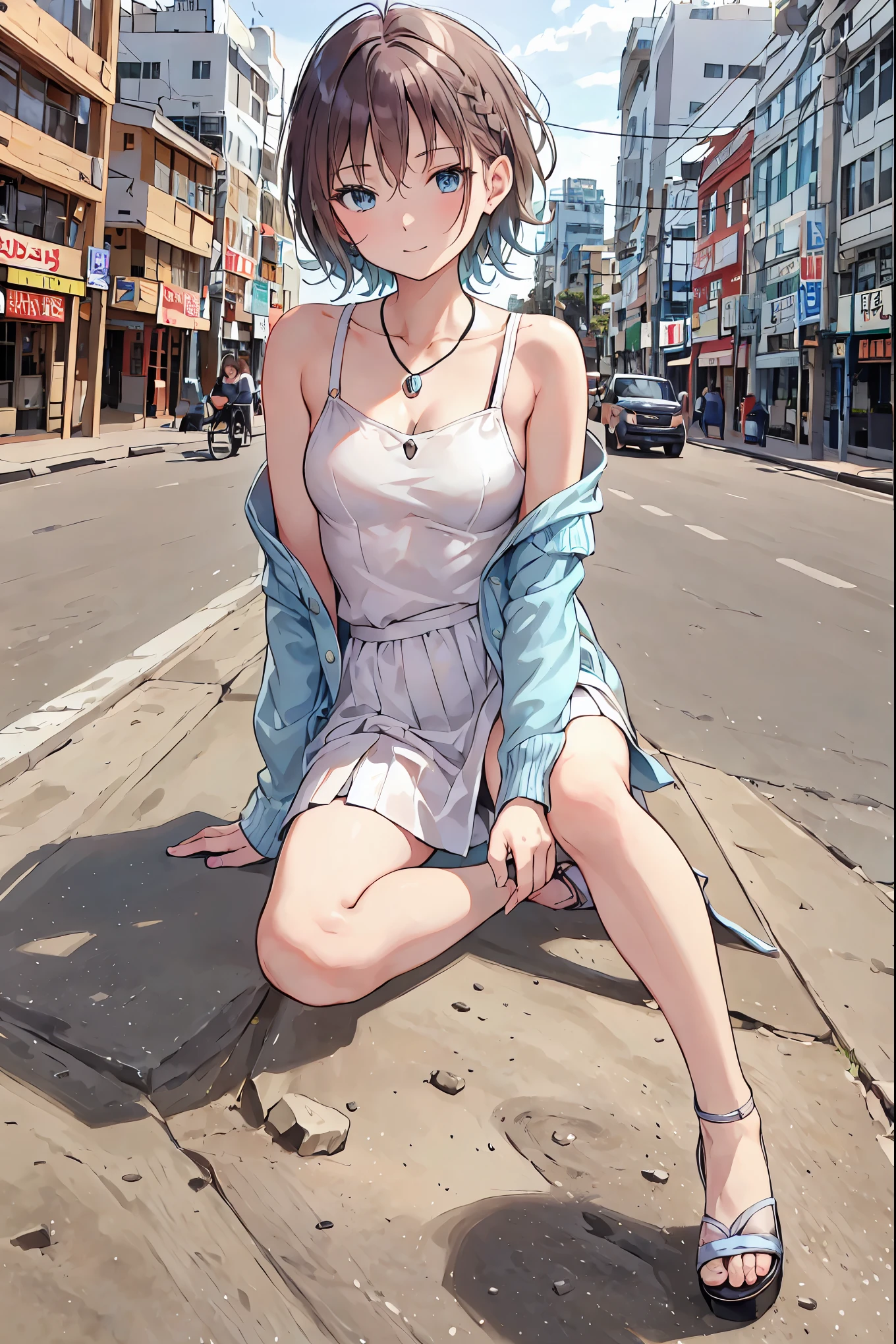 Yo Watanabe, Yu Watanabe, Brown Hair，Shortcuts，Messy Hair，Short braided hair，Neat，Slender beauty，A dignified posture，Small chest，Beautiful feet，Her captivating grey-blue eyes shine like stars，Vibrant colors,Beautiful Eyes,A delicate smile,Textured Skin,The best quality at its best,A kind and beautiful woman,Anime Style､,Orange hair band,Locket Pendant,Black camisole,Bareneck,Expose your shoulders,Bare clavicle,,Cute stiletto heels,evening,sunset,walk,The sun goes down,whole bodyがイラストに入るように,Looking down from above,
break outdoors, Coastal Road,construction site,
break looking at viewer, whole body,
break (masterpiece:1.2), Best quality high resolution, Unity 8K Wallpaper, (shape:0.8), (Beautiful details:1.6), Detailed painted face, Perfect lighting, Extremely detailed CG, (Perfect hands, Perfect Anatomy),