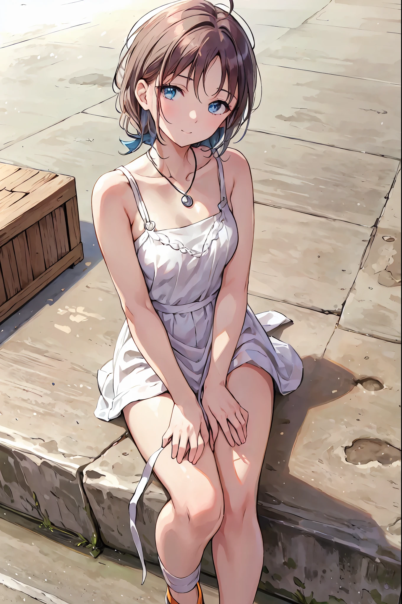 Yo Watanabe, Yu Watanabe, Brown Hair，Shortcuts，Messy Hair，Short braided hair，Neat，Slender beauty，A dignified posture，Small chest，Beautiful feet，Her captivating grey-blue eyes shine like stars，Vibrant colors,Beautiful Eyes,A delicate smile,Textured Skin,The best quality at its best,A kind and beautiful woman,Anime Style､,Orange hair band,Locket Pendant,Black camisole,Bareneck,Expose your shoulders,Bare clavicle,,Cute stiletto heels,evening,sunset,walk,The sun goes down,whole bodyがイラストに入るように,Looking down from above,
break outdoors, Coastal Road,construction site,
break looking at viewer, whole body,
break (masterpiece:1.2), Best quality high resolution, Unity 8K Wallpaper, (shape:0.8), (Beautiful details:1.6), Detailed painted face, Perfect lighting, Extremely detailed CG, (Perfect hands, Perfect Anatomy),