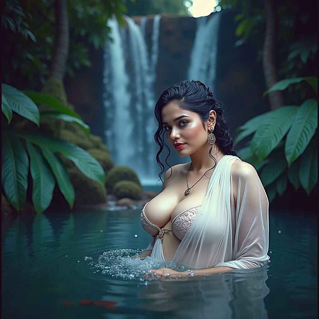 beautiful swastika mukherjee wearing a full nude facking virgin cliyer view body extra large sagging breasts and nipples, lag open, taking a bath in a mystical forest pond at night illuminated by glowing fireflies ,