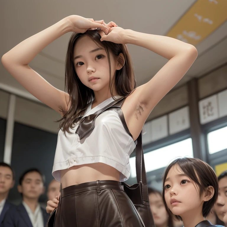 1girl,((((a young very cute japanese anorexic woman is holding leather strap with right hand and holding small bag with left hand:1.7)))),(((in shaking crowded train))),(((looking up blankly:1.5))),(((wearing mathayom uniform,white short sleeves,gray skirt))),4K, 8K, (Masterpiece, best quality:1.2),Very realistic eyes, perfect face,24years old,(((thin girl))),(((skinny girl))),(((slim girl))),white skin,deep navel,Narrow waist,big eyes,((expressionless)),Narrow waist,((close up armpit)),(((armpit))),((waki)),((armpit hair:1.4)),((((midriff peek))),((brown short hair)),(((upper body))),view from below