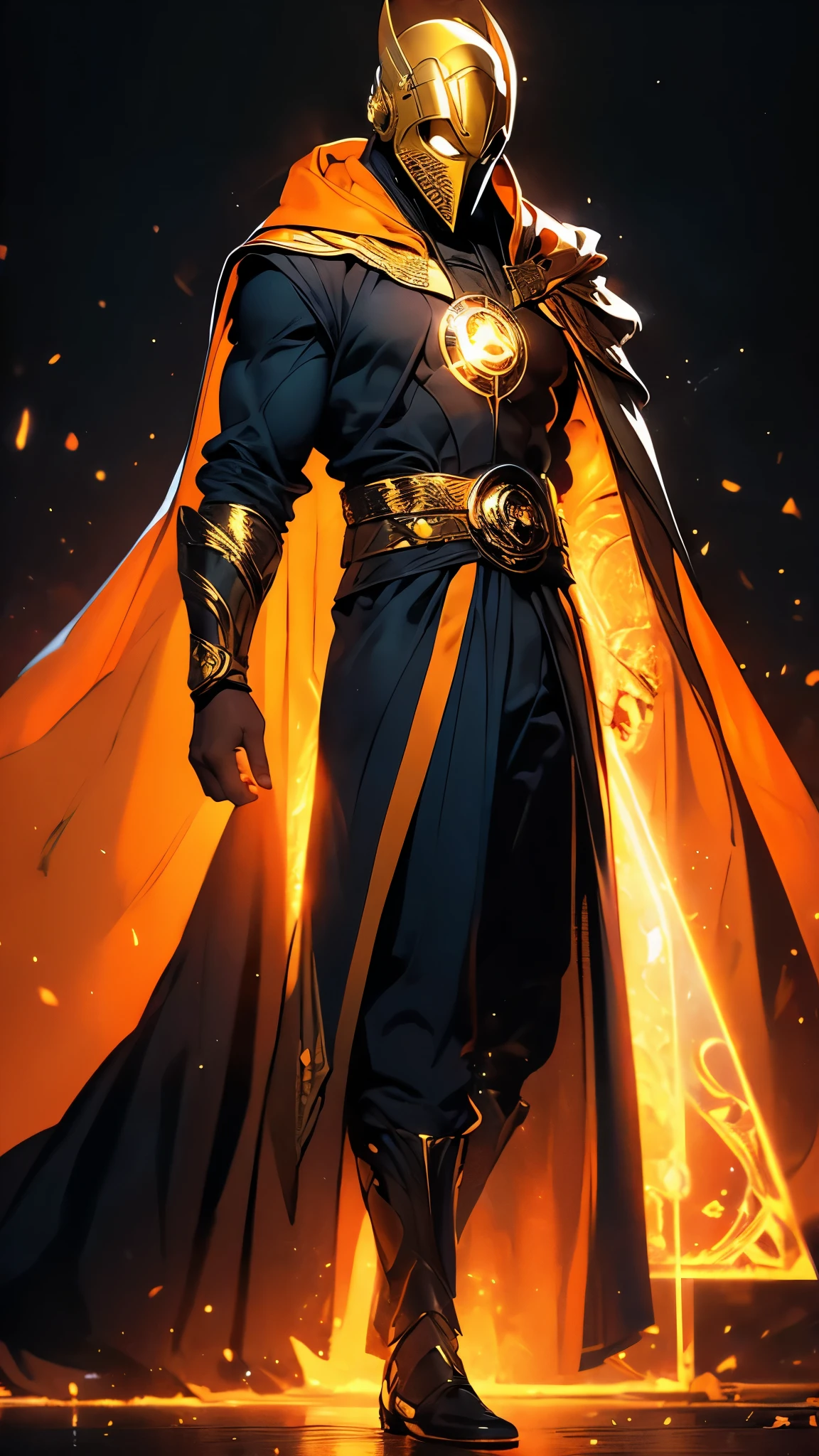 ((masterpiece)), envision a 8k, highres, cinematic, semi realistic, detailed, full body pinup of a strong boy, strong face, mature face, slender muscular body, blonde hair, orange eyes, dark robes, golden cape, golden armor, ((Dr Fate)), (((1boy))), in dark lighting, against a dark background