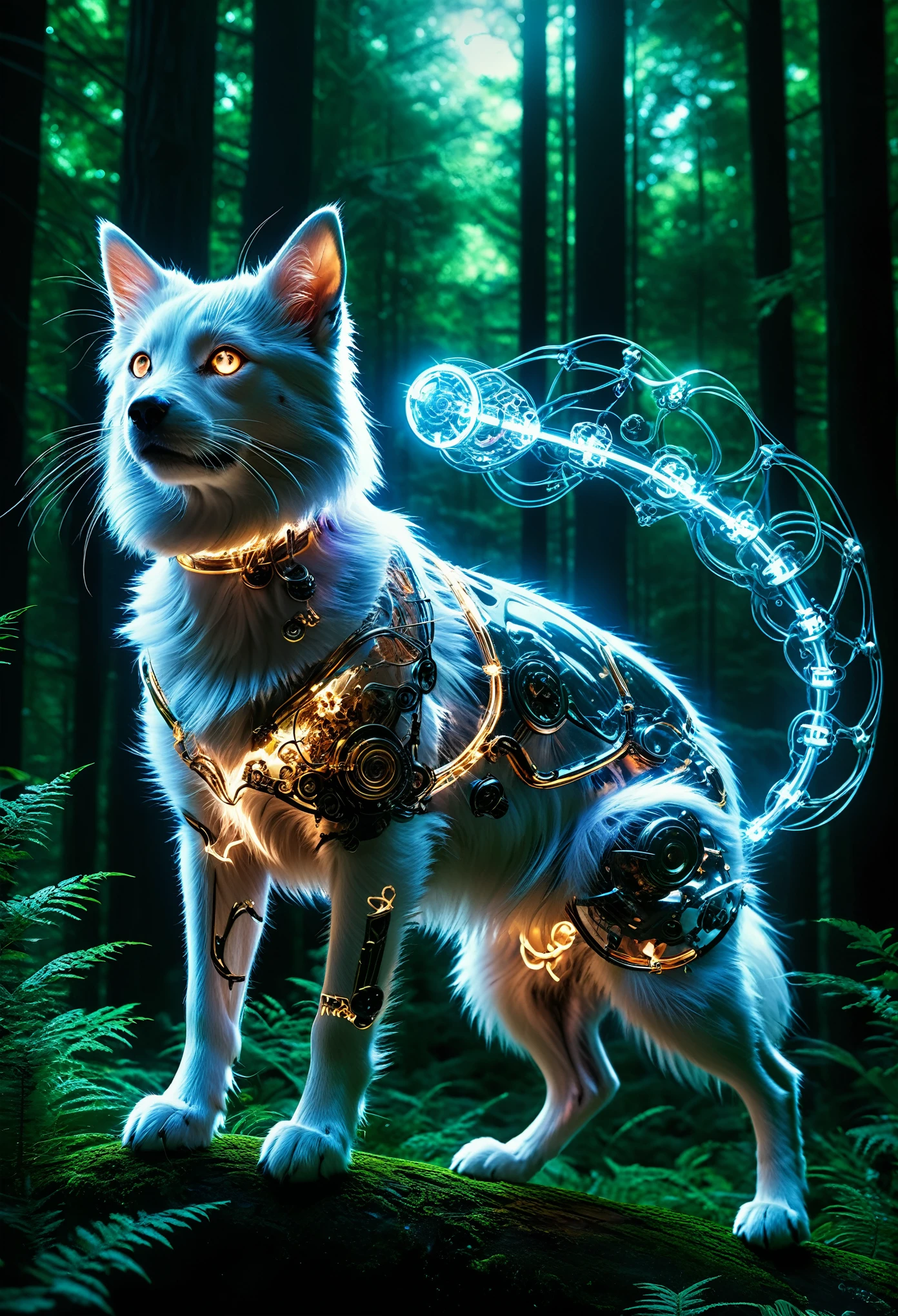 “Kirlian photography abstract portrait from a biomechanical Dog and a biomechanical Cat jumping transmitting great dynamism in the forest, her organic interior also an intricate steampunk bio-mechanism are visualized because the X-Ray effect", masterpiece, state of the art, subsurface scattering, hi-tech setting, futuristic