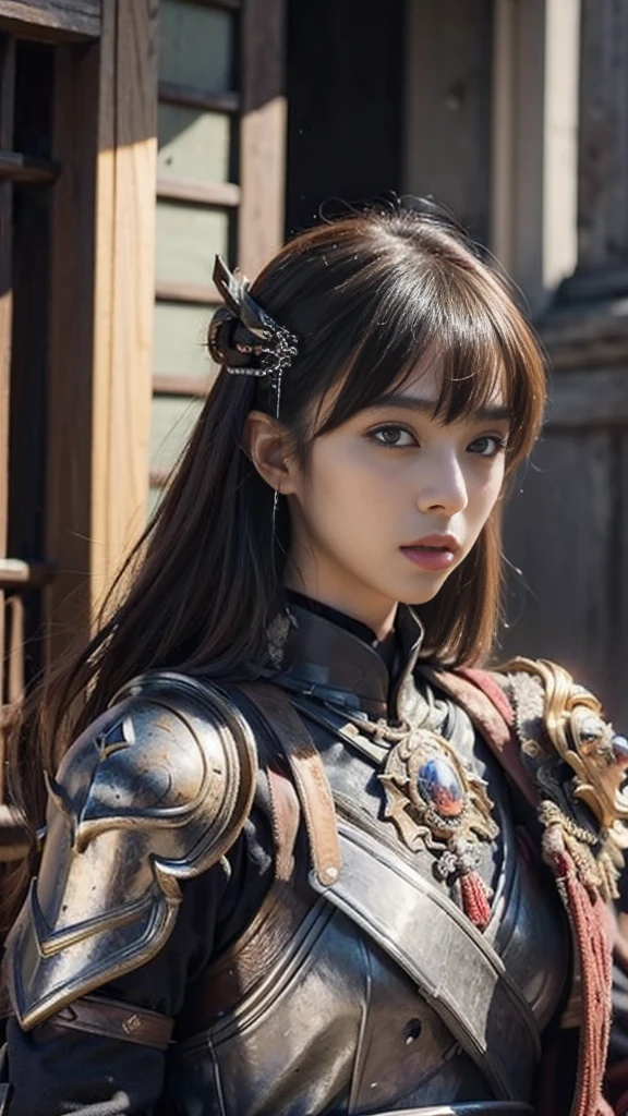 (8K, highest quality, masterpiece:1.2), (realistic:1.4), Raw photo, highest quality, ultra high resolution, best shadow, (full body:1), historical heroine, Japanese armor, samurai sword, large scale amazing environment, horror, dark horror, highly detailed facial features, beautiful and perfect face, perfect eyes