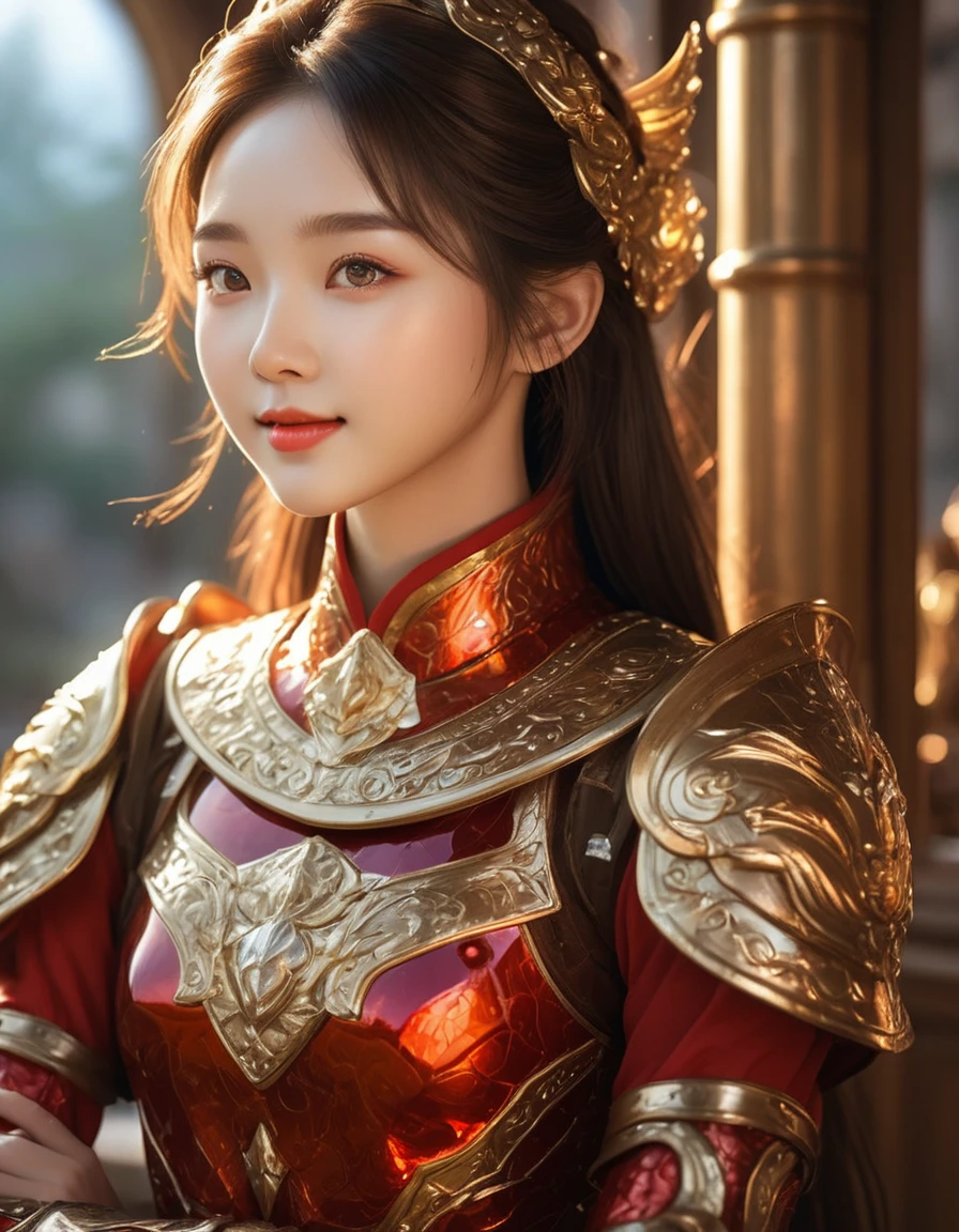 A paladin girl stands proudly in a warm, golden-lit chamber, her entire being encased in vibrant, crimson-red armor that shines like polished gemstones. Her facial features are delicate and adorable, with bright eyes and a gentle smile. The intricate detailing on her armor is exquisite, from the engravings to the tiny, glinting accents. The overall effect is one of sweet, wholesome charm., shiny hair, face lighting, bright backlight, high resolution, best quality, Photos, 4k, (Realistic:1.2),1girl, smile, beautiful girl, (best quality,4k,8k,highres,masterpiece:1.2), ultra-detailed, studio lighting, ultra-fine painting, sharp focus, physically-based rendering, extreme detail description, professional, vivid colors, fantasy, More Reasonable Details, ulzzang, ImgFixerPre0.3