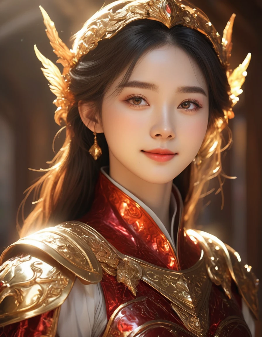 A paladin girl stands proudly in a warm, golden-lit chamber, her entire being encased in vibrant, crimson-red armor that shines like polished gemstones. Her facial features are delicate and adorable, with bright eyes and a gentle smile. The intricate detailing on her armor is exquisite, from the engravings to the tiny, glinting accents. The overall effect is one of sweet, wholesome charm., shiny hair, face lighting, bright backlight, high resolution, best quality, Photos, 4k, (Realistic:1.2),1girl, smile, beautiful girl, (best quality,4k,8k,highres,masterpiece:1.2), ultra-detailed, studio lighting, ultra-fine painting, sharp focus, physically-based rendering, extreme detail description, professional, vivid colors, fantasy, More Reasonable Details, ulzzang, ImgFixerPre0.3