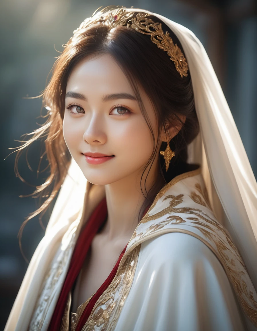 A stunning image of a paladin girl clad in radiant red armor, with intricate details and delicate filigree adorning her suit. She stands confidently, her bright blue eyes shining with determination, as she gazes directly at the viewer. Her porcelain skin glows softly in warm, golden light, illuminating the subtle curves of her smiling face. A fluffy white cape flows behind her like a wispy cloud, framing her regal presence against a serene, misty backdrop., shiny hair, face lighting, bright backlight, high resolution, best quality, Photos, 4k, (Realistic:1.2),1girl, smile, beautiful girl, (best quality,4k,8k,highres,masterpiece:1.2), ultra-detailed, studio lighting, ultra-fine painting, sharp focus, physically-based rendering, extreme detail description, professional, vivid colors, fantasy, More Reasonable Details, ulzzang, ImgFixerPre0.3