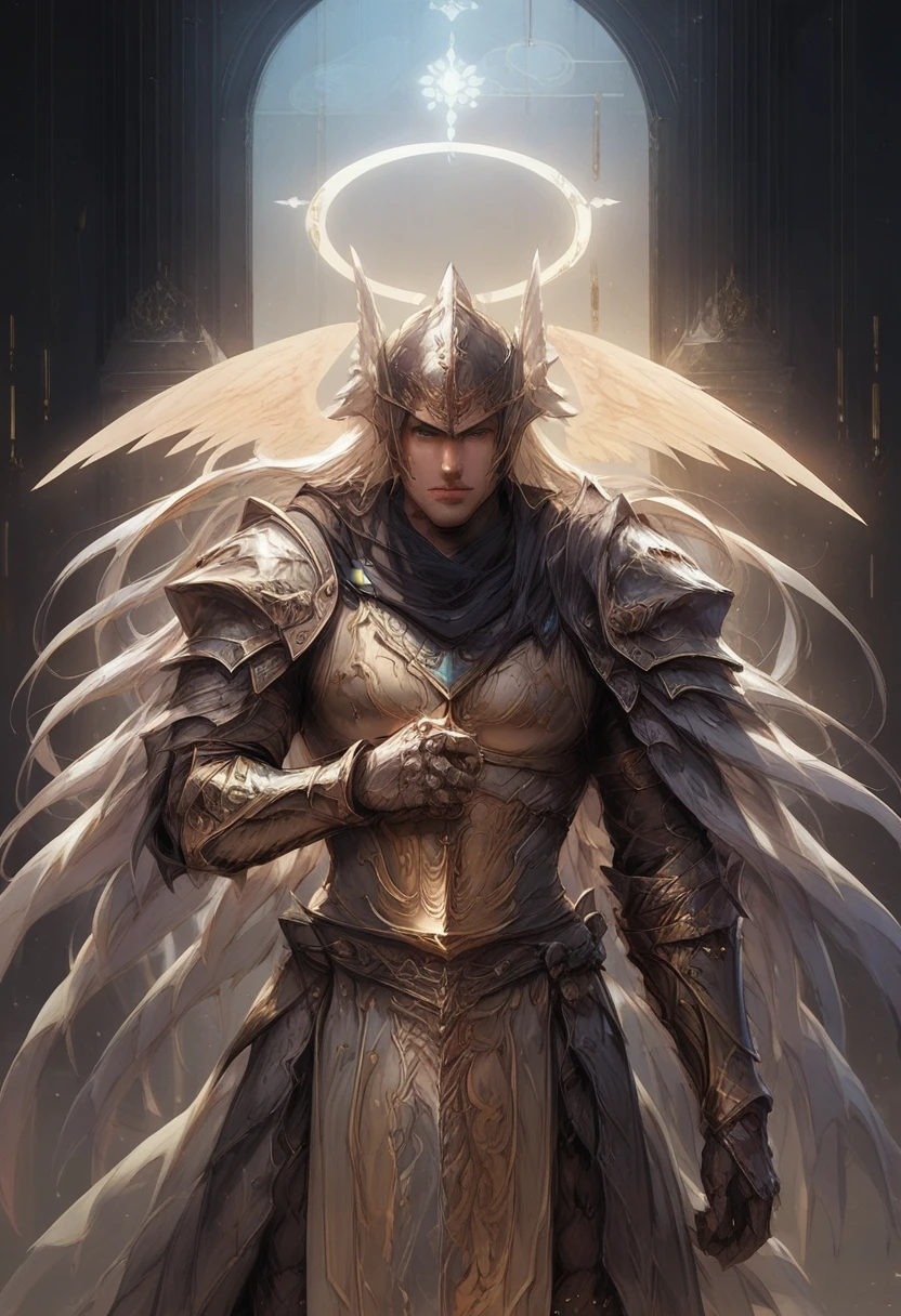 score_9, score_8_up, score_7_up, score_6_up, BREAK, source_anime, fullbody shot, 1boy, solo, male mature, looking at viewer, great paladin, (complete amor), (golden armor, white armor:1.2), helmet, breastplate, shoulder pads, gauntlets, greaves, metal boots, red cloack, intricate details, BREAK, on monastery, detailed background, sacred environment, vivid colors, soft lighting, depth of field, anime coloring