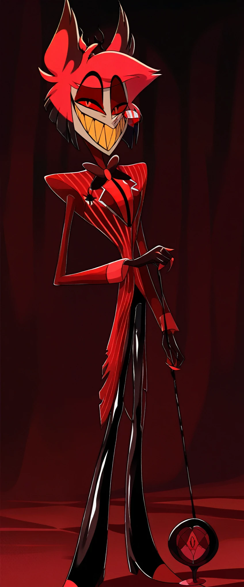 Alastor (Hazbin Hotel), radio demon, extremely sharp toothed grin, (((((dark red formal (((shiny latex suit))) with pinstripes)))), monocle, elegant cane, sinister smile, rendered in blender, hyper realistic, 8k, cinematic lighting, dramatic shadows, intricate details, photorealistic