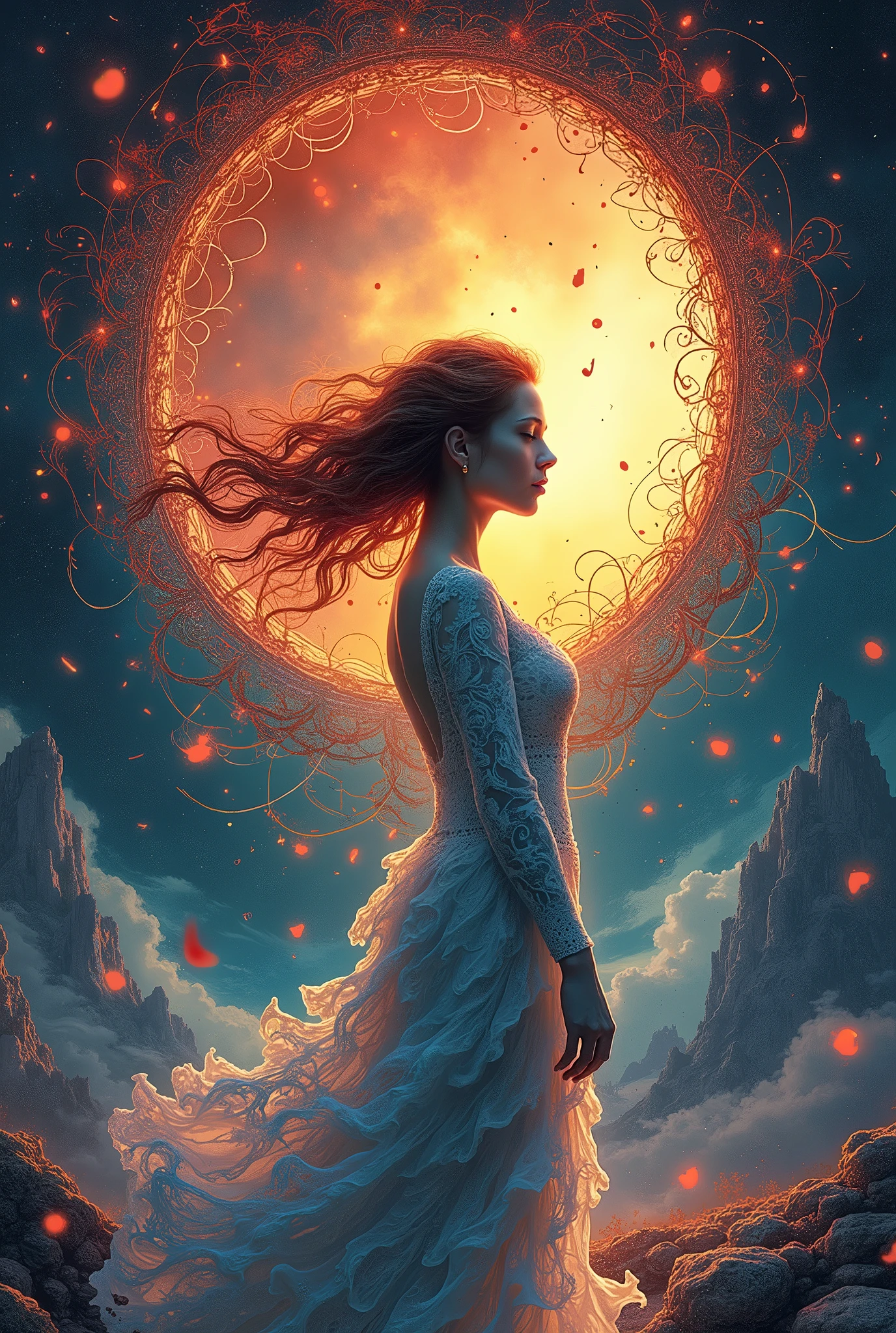 Official Art, Unity 8K wallpaper, Extremely detailed, beautiful and aesthetic, masterpiece, best quality, (zendispute, Mandala, dispute, endispute), (Fractal Art:1.3) , 1 Girl, Extremely detailed, Dynamic Angle, Cowboy shooting, The most beautiful form of chaos, elegant, Barbarian design, Vibrant colors, , author：James Jean, Robbie Devi Antonio, Ross Chen, French Bacon, It was cold, Adrian Genius, Petra Corrette, Gerhard Richter, Takato Yamamoto, Ashley Wood, atmosphere, The ecstasy of notes, The flowing notes are clearly visible