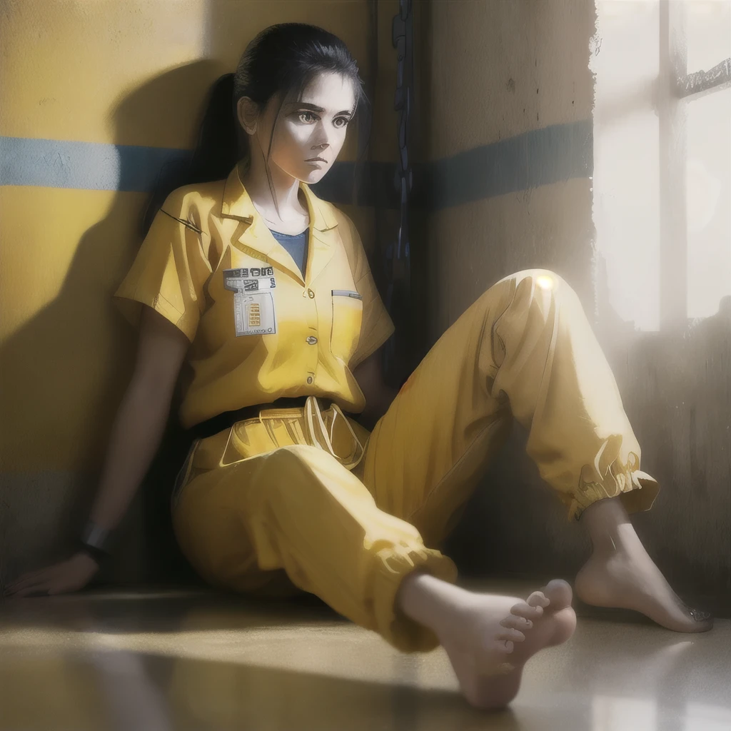 A beautiful female prisoner wearing a blue prison uniform and shackled barefoot is being held in a women's detention center