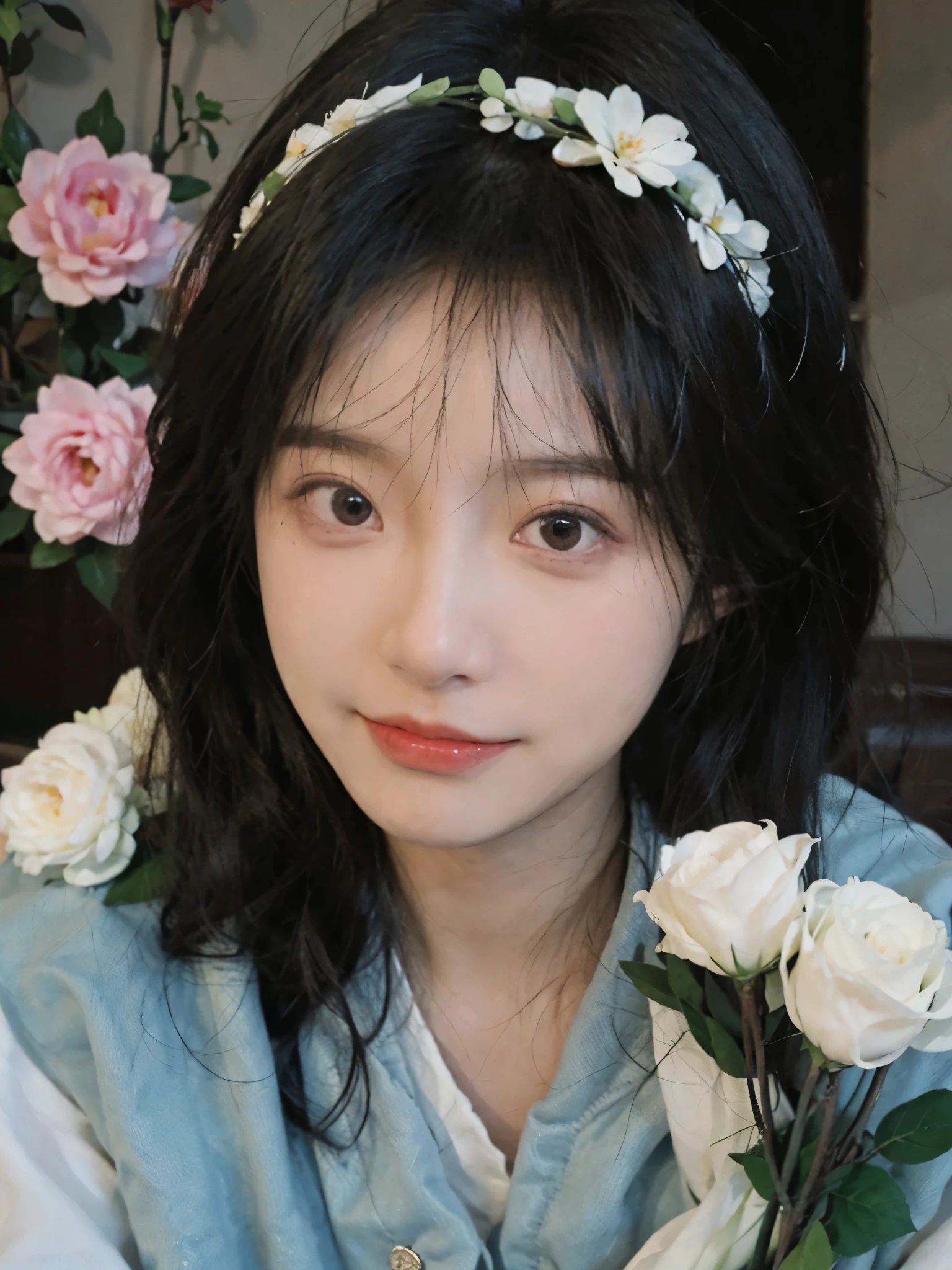 8K, Best Quality, Masterpiece, Ultra High Resolution, (Realism: 1.4), Original Photo, (True Skin Texture: 1.3), (Film Grain: 1.3), (Selfie Angle), 1 Girl, Beautiful Eyes and Face Details, Masterpiece, Best Quality, Close-up, Upper Body