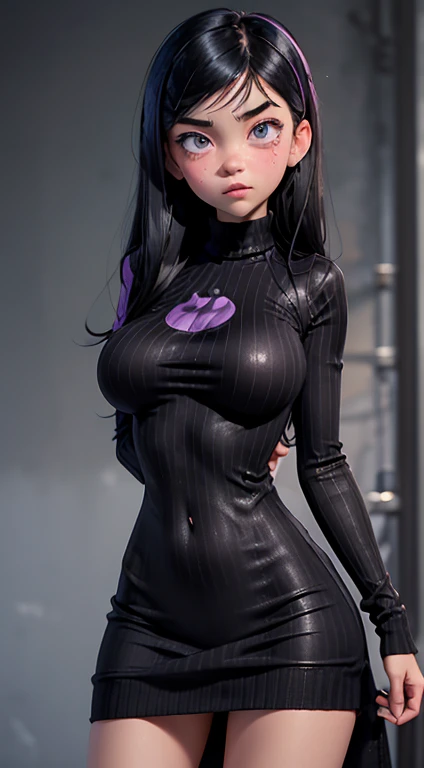 Violet Parr is very hot. busty. cutout. production, cum on cloth, wet stains on dress, black knitted sweater, v arms. squeezed boobs, panty lines seen through dress, ahegao face,