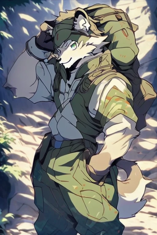 An Anime style Top Body and Right Side Body Picture of A Very Muscular Kemono Furry Style Gray Wolf. He is wearing A Full Long Armed Dark Green Soldier Outfit. His one hand is scratching his head while his another hand is in his pocket. The background is white. He have Gray messy and spikey hair. He is looking at the viewer. His eyes are little red But Mostly white. He is standing in the background. He look like a video game character. He is smiling and blushes with blushes on his face. His tail is sticking upward. He is shy and little embarrassed