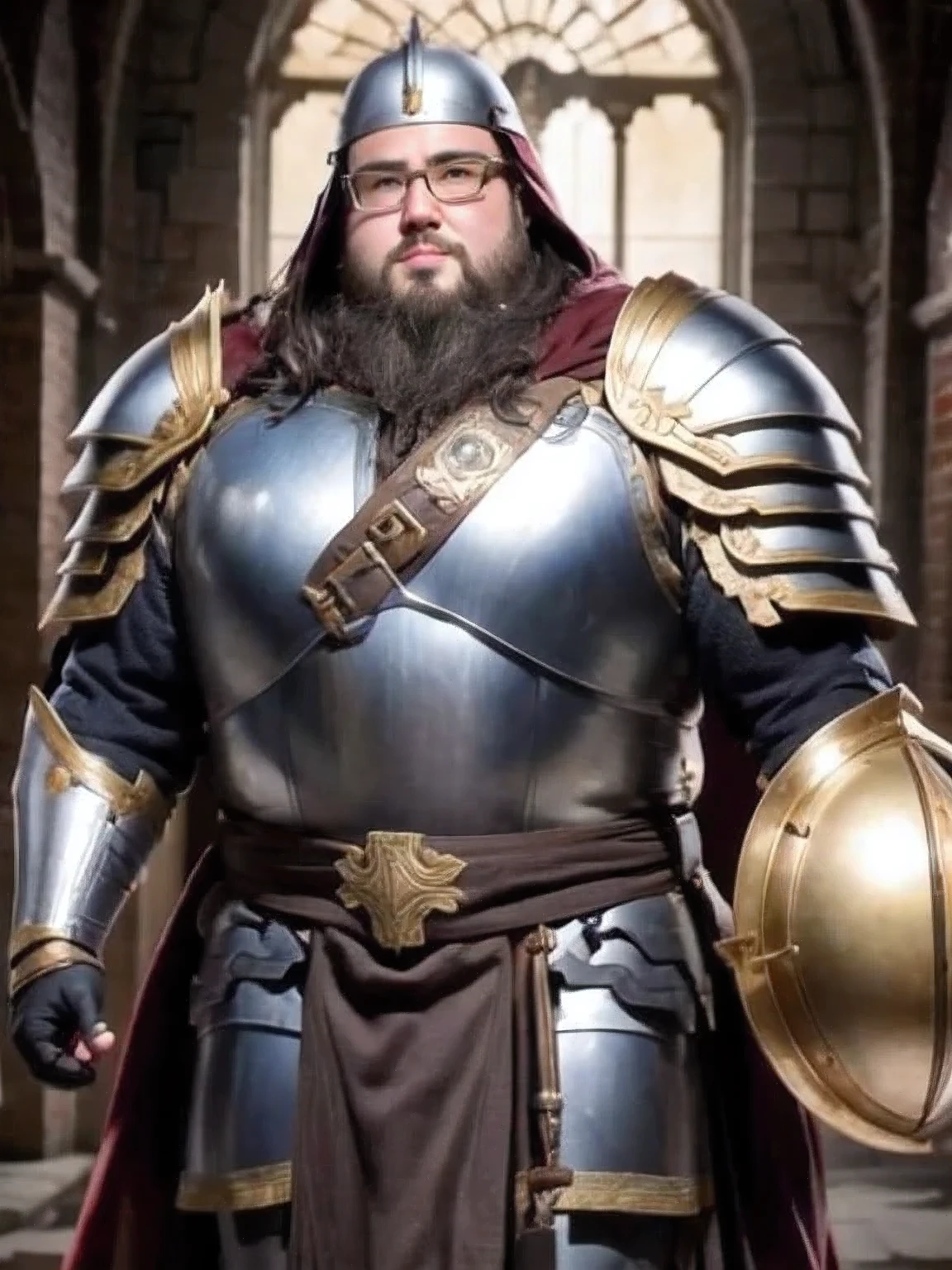 Paladin, 1 male, solo, Glasses, obesity, beard, armor, Steel Helmet,