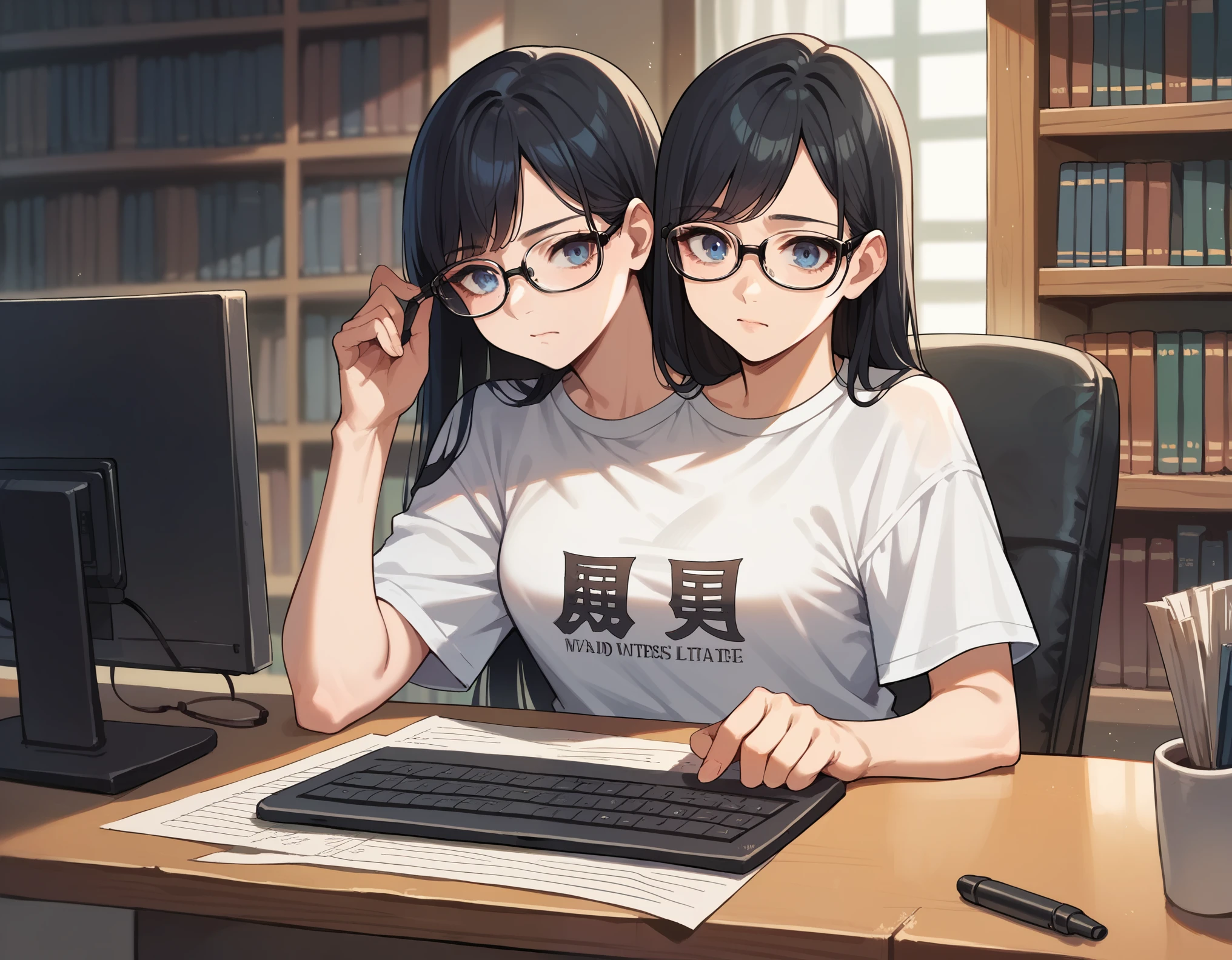 anime, (masterpiece, best quality), best resolution, two heads, 1girl, long black hair, blue eyes, glasses, white t-shirt, sitting at a table while typing on a computer, library