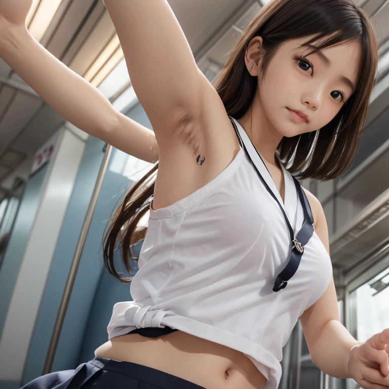 1girl,((((a young very cute japanese anorexic woman is Raising right hand and grasping strap in train:1.7)))),(((in shaking crowded train))),(((looking up at ceiling:1.5))),(((wearing jk school uniform,white shirt))),4K, 8K, (Masterpiece, best quality:1.2),Very realistic eyes, perfect face,24years old,(((thin girl))),(((skinny girl))),(((slim girl))),white skin,deep navel,Narrow waist,big eyes,((expressionless)),Narrow waist,((close up armpit)),(((armpit))),((waki)),((armpit hair:1.4)),(midriff peek),((brown short hair)),(((upper body))),view from below