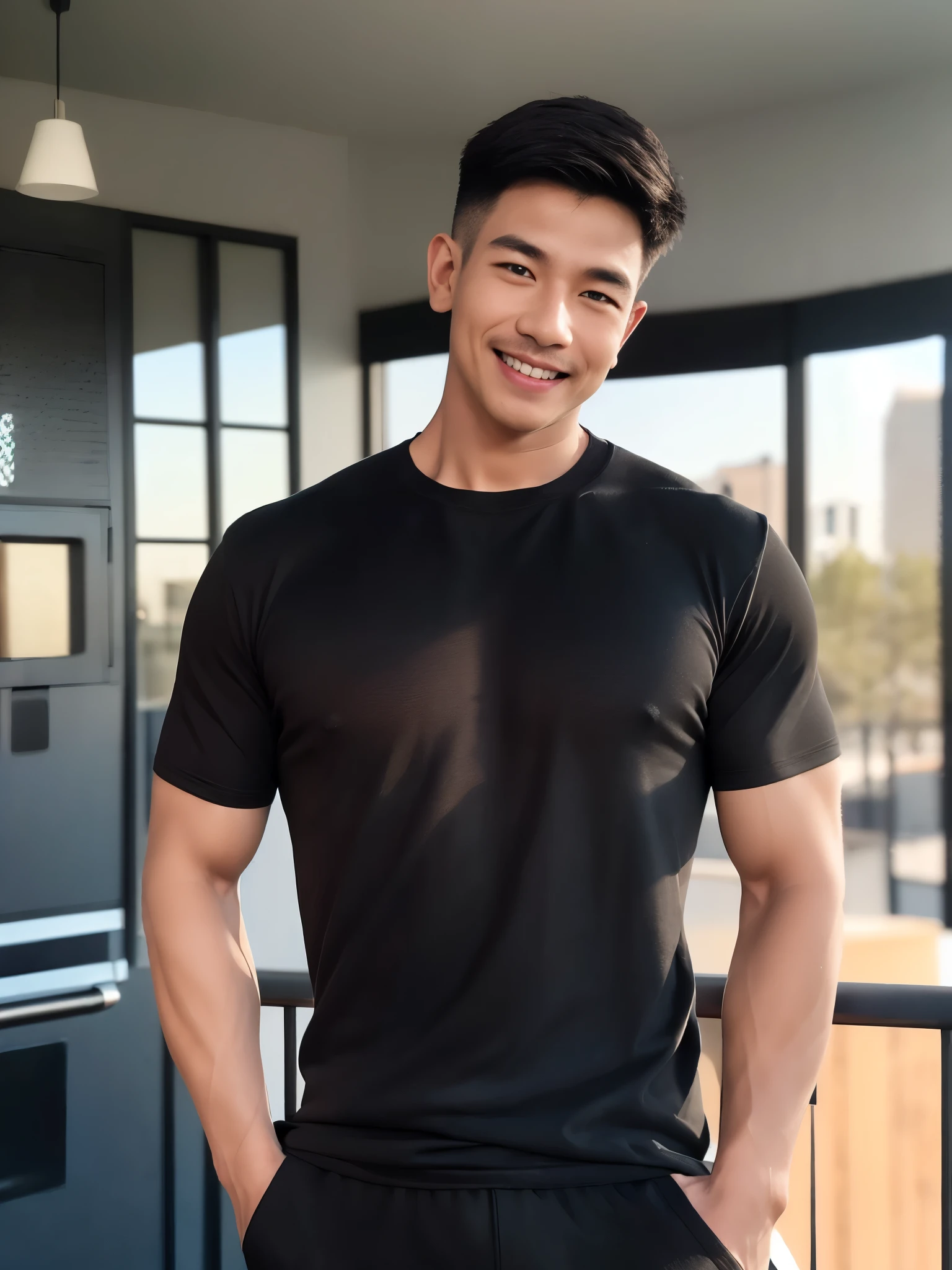 (armface:1.3) , Handsome young man standing and smiling, (Have a mustache:0.8) , (Short hair:1.2), (High Neck Tight T-Shirt:0.8), (Black shirt:1.3),Black pants, Big muscles, Handsome and muscular, Full body angle,(Blurred background:1.5),(Kitchen balcony:1.1),,(Blurred background:1.5)