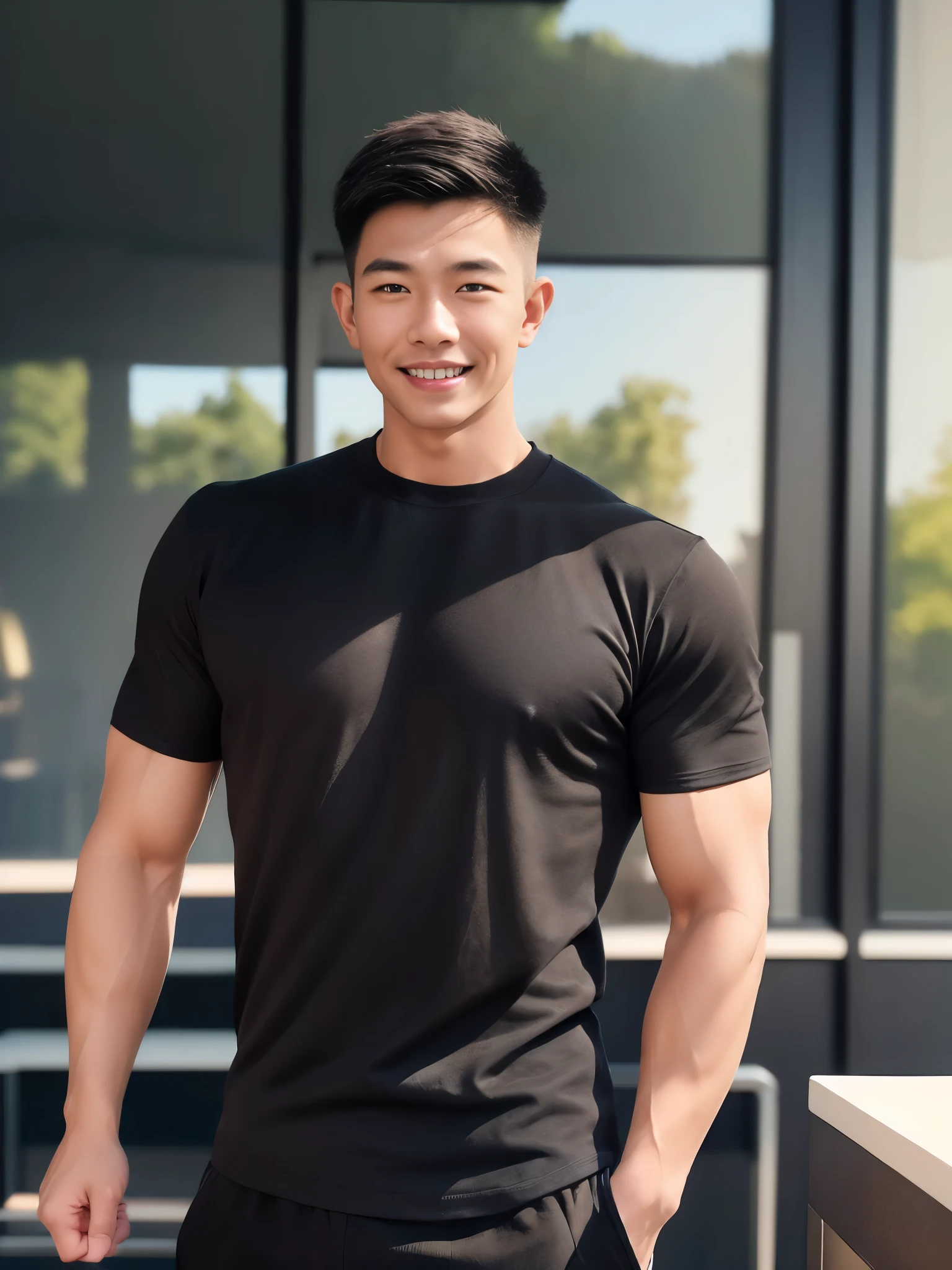 (armface:1.3) , Handsome young man standing and smiling, (Have a mustache:0.8) , (Short hair:1.2), (High Neck Tight T-Shirt:0.8), (Black shirt:1.3),Black pants, Big muscles, Handsome and muscular, Full body angle,(Blurred background:1.5),(Kitchen balcony:1.1),,(Blurred background:1.5)