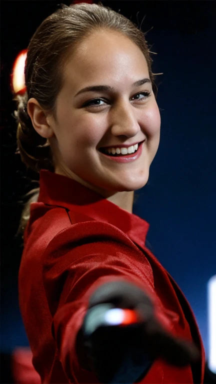 faithful image of Leelee Sobieski smiling and pointing her finger at the camera, black background