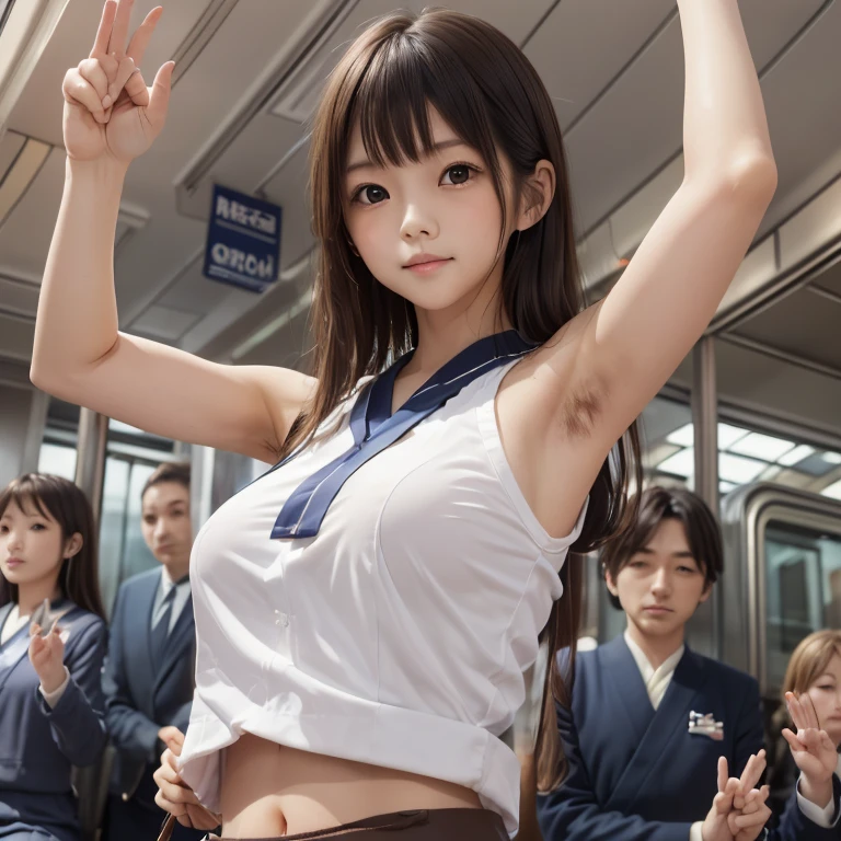 1girl,((((a young very cute japanese anorexic woman is Raising right hand and grasping strap in train:1.7)))),(((in shaking crowded train))),(((looking up at ceiling:1.5))),(((wearing jk school uniform,white shirt))),4K, 8K, (Masterpiece, best quality:1.2),Very realistic eyes, perfect face,24years old,(((thin girl))),(((skinny girl))),(((slim girl))),white skin,deep navel,Narrow waist,big eyes,((expressionless)),Narrow waist,((close up armpit)),(((armpit))),((waki)),((armpit hair:1.4)),(midriff peek),((brown short hair)),(((upper body))),view from below