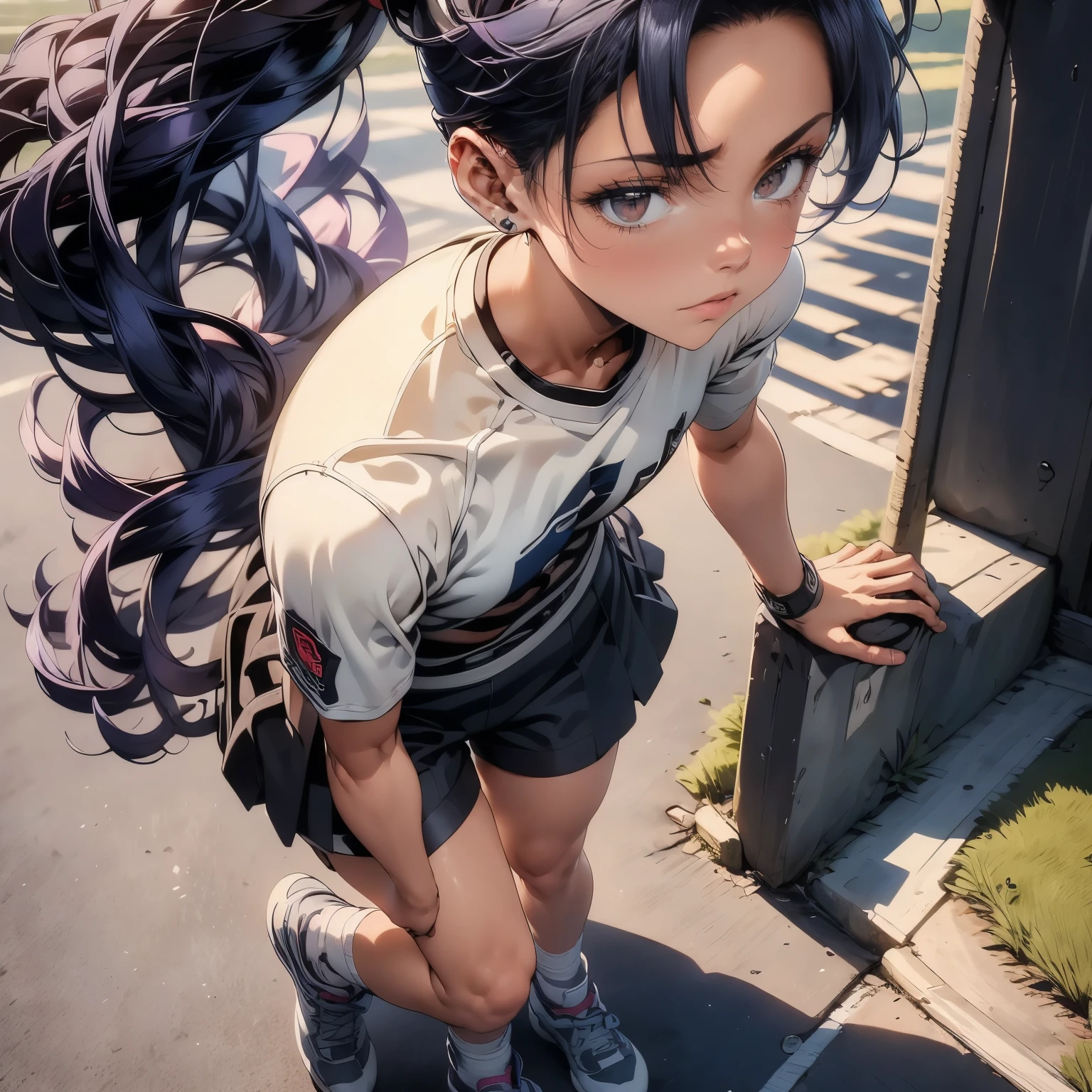 4k, HDR, full HD, Masterpiece, 1girl, solo, long purple hair, perfect anatomy, full body, dressed in her workout gear. He wears a tight-fitting, dark blue, short-sleeved sports shirt that absorbs sweat and allows him to move freely. Your team's crest is embroidered on the chest and your number is embroidered on the back, standing out in white. His shorts are a lighter shade of blue, fitted at the waist with an elastic band and designed to give him comfort and freedom of movement when running.

On his feet, he sports a pair of high socks that reach just below the knees, in the same blue tone with white stripes, and are tucked inside his soccer cleats, which have a modern black design and silver details to enhance traction on the grass. The soles of its cleats are specifically designed to give you greater control and stability in your fast movements.

Her hair is pulled back into a high ponytail, secured with an elastic band so it doesn't get in the way while she runs and dribbles. Despite the intensity of the game, his face reflects concentration and determination, with small beads of sweat running down his forehead. He wears a cloth wristband on his left arm, used to quickly wipe away sweat between plays, and on his right wrist a sports watch that allows him to monitor his performance and time on the field.