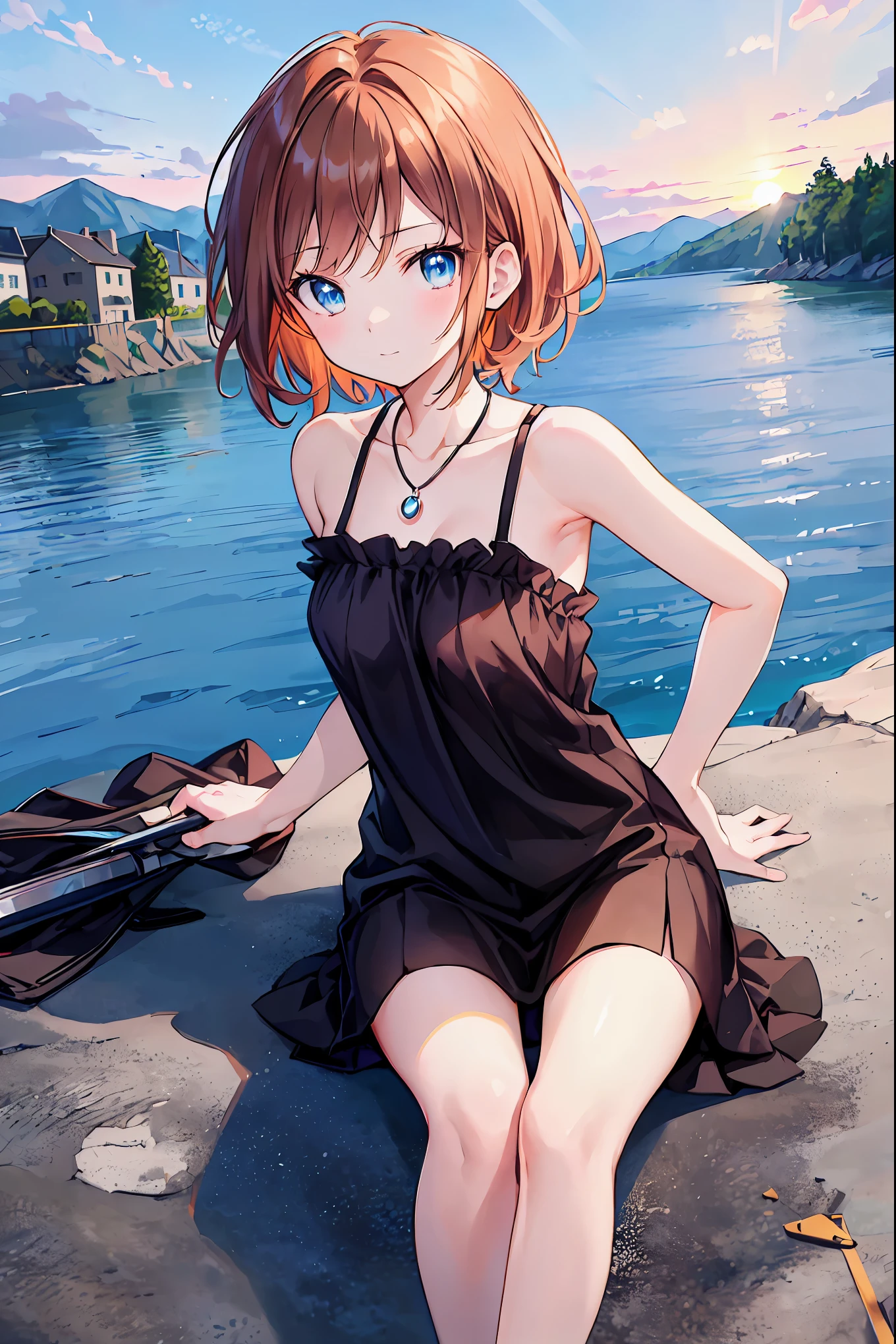 best quality,1girl,dark,crimson sky,moon,sitting,bench,red dress,short red hair,hair ribbon,moon