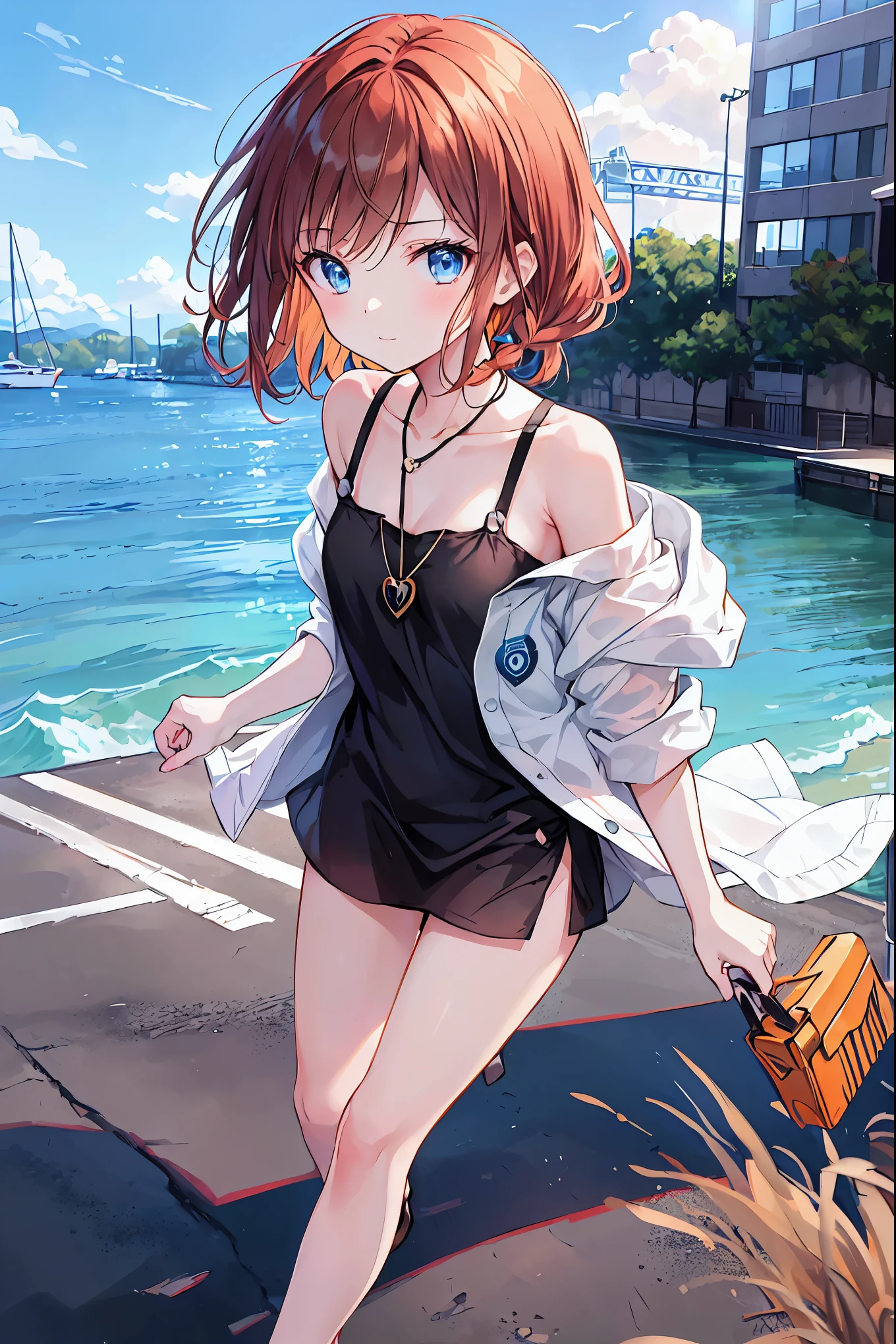 Yo Watanabe, Yu Watanabe, Brown Hair，Shortcuts，Messy Hair，Short braided hair，Neat，Slender beauty，A dignified posture，Small chest，Beautiful feet，Her captivating grey-blue eyes shine like stars，Vibrant colors,Beautiful Eyes,A delicate smile,Textured Skin,The best quality at its best,A kind and beautiful woman,Anime Style､,Orange hair band,Locket Pendant,Black camisole,Bareneck,Expose your shoulders,Bare clavicle,,Cute stiletto heels,evening,sunset,walk,The sun goes down,whole bodyがイラストに入るように,Looking down from above,
break outdoors, Coastal Road,construction site,
break looking at viewer, whole body,
break (masterpiece:1.2), Best quality high resolution, Unity 8K Wallpaper, (shape:0.8), (Beautiful details:1.6), Detailed painted face, Perfect lighting, Extremely detailed CG, (Perfect hands, Perfect Anatomy),