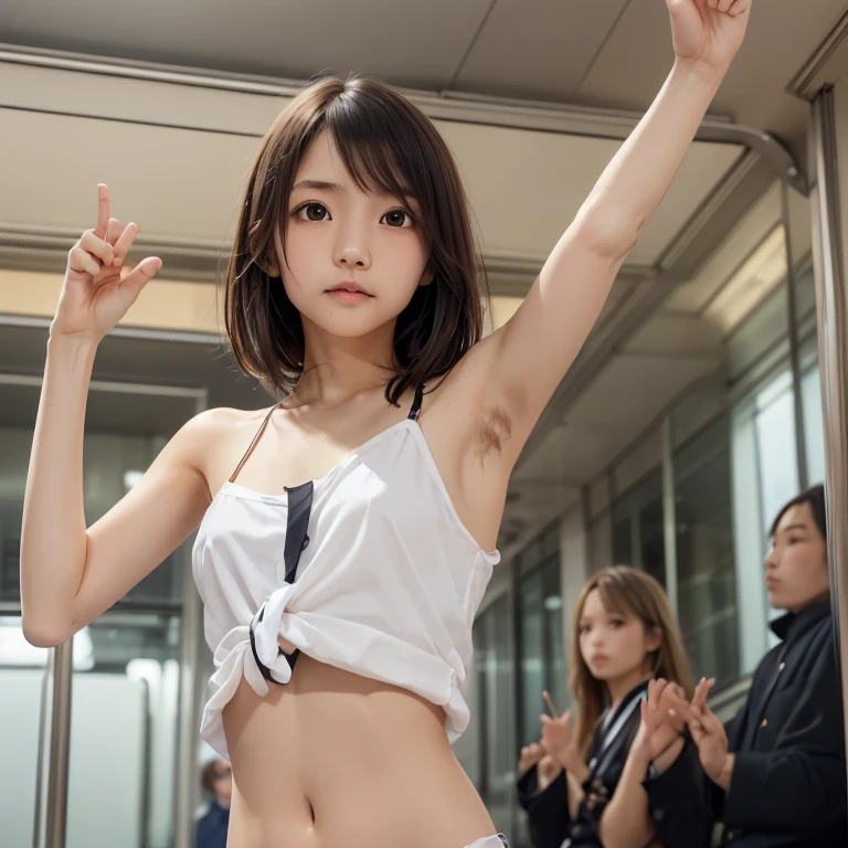 1girl,((((a young very cute japanese anorexic woman is Raising right hand and grasping strap in train:1.7)))),(((in shaking crowded train))),(((looking up at ceiling:1.5))),(((wearing jk school uniform,white shirt))),4K, 8k, (Masterpiece, best quality:1.2),Very realistic eyes, perfect face,24years old,(((thin girl))),(((skinny girl))),(((slim girl))),white skin,deep navel,Narrow waist,big eyes,((expressionless)),Narrow waist,((close up armpit)),(((armpit))),((waki)),((armpit hair:1.4)),(midriff peek),((brown short hair)),(((upper body))),view from below in preparation 