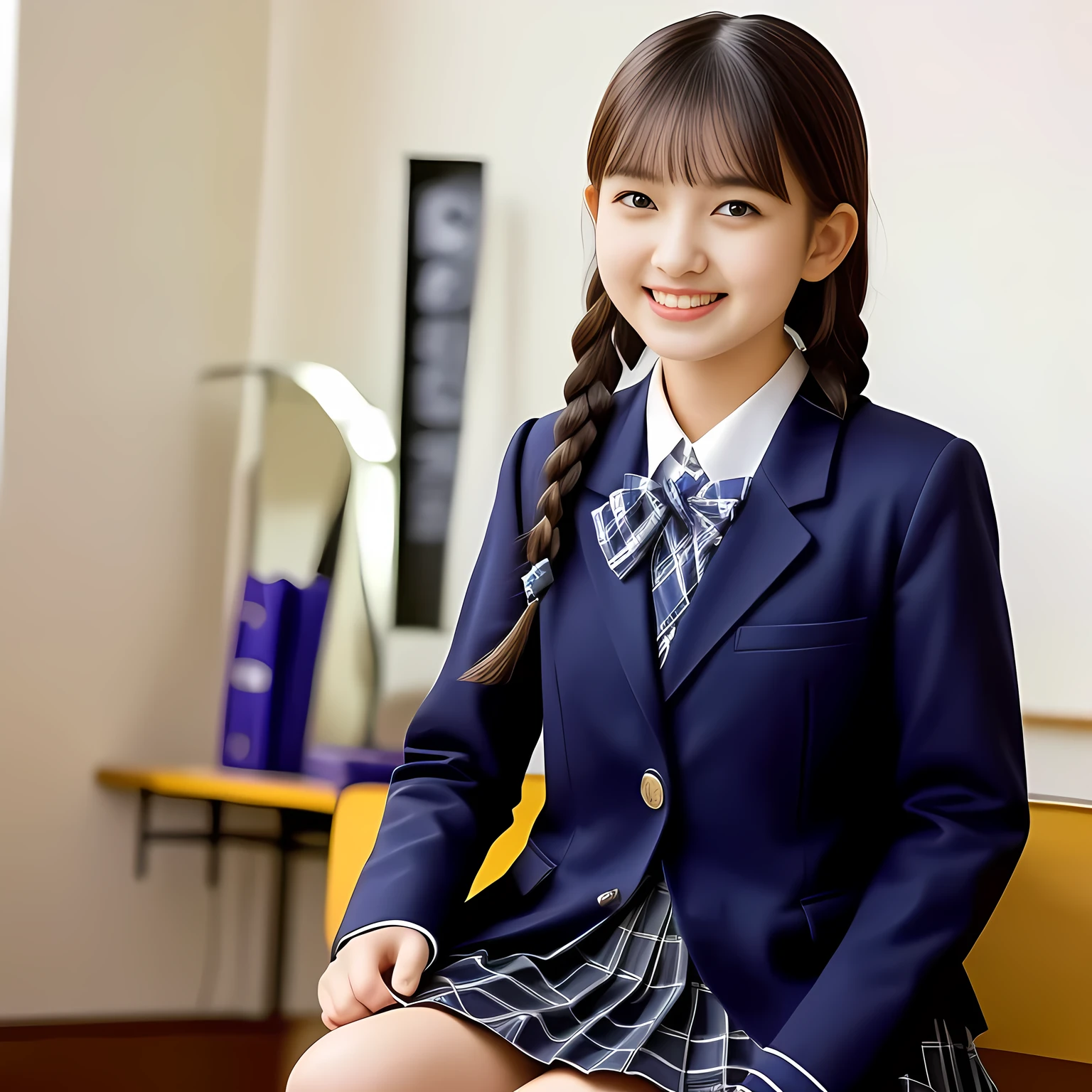 (Highest quality, masterpiece:1.2), Highest quality, High resolution, 1080P, 8k, height: 158cm, (Some girls, noble, Japanese very-very-white-skin **** fashion model is seated and being interviewed and smiling at me in 1980's school uniform, expressing her happiness to me with her kawaii supreme, promoting beauty salon: 1.8), (neat tight braids under her ear), (very white face: 1.5), (background is complete black: 1.0), (Amazed, double-eyelids, completely balanced, brown large large dreaming eyes with detailed beautifully: 1.6), (Drives me crazy for her navy-colored neat tartan checkered blue skirts and make me fall into her navy-colored tartan checkered skirt: 1.2), (Fine white skin that looks like she has never been out of home: 1.6), (Navy colored school uniform blazer: 1.6), (Navy blue pleated school uniform tartan checkered skirt: 1.5), (Plain-red school ribbon on the breast), (Light-Sky-blue background), (Girl whom everyone loves because of her beauty and neat school fashion and noble manner and magic-charm of succubus: 1.7), full body shot, (jolly face expression), (evenly cut curled bangs), (Selected as the most beautiful girl in school uniform in Japan: 1.8)