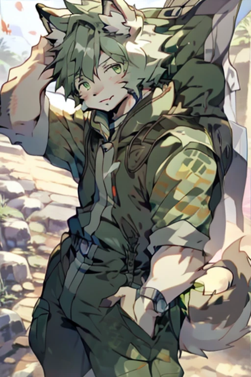 An Anime style Top Body and Right Side Body Picture of A Very Muscular Kemono Furry Style Gray Wolf. He is wearing A Full Long Armed Dark Green Soldier Outfit. His one hand is scratching his head while his another hand is in his pocket. The background is white. He have Gray messy and spikey hair. He is looking at the viewer. His eyes are little red But Mostly white. He is standing in the background. He look like a video game character. He is smiling and blushes with blushes on his face. His tail is sticking upward. He is shy and little embarrassed