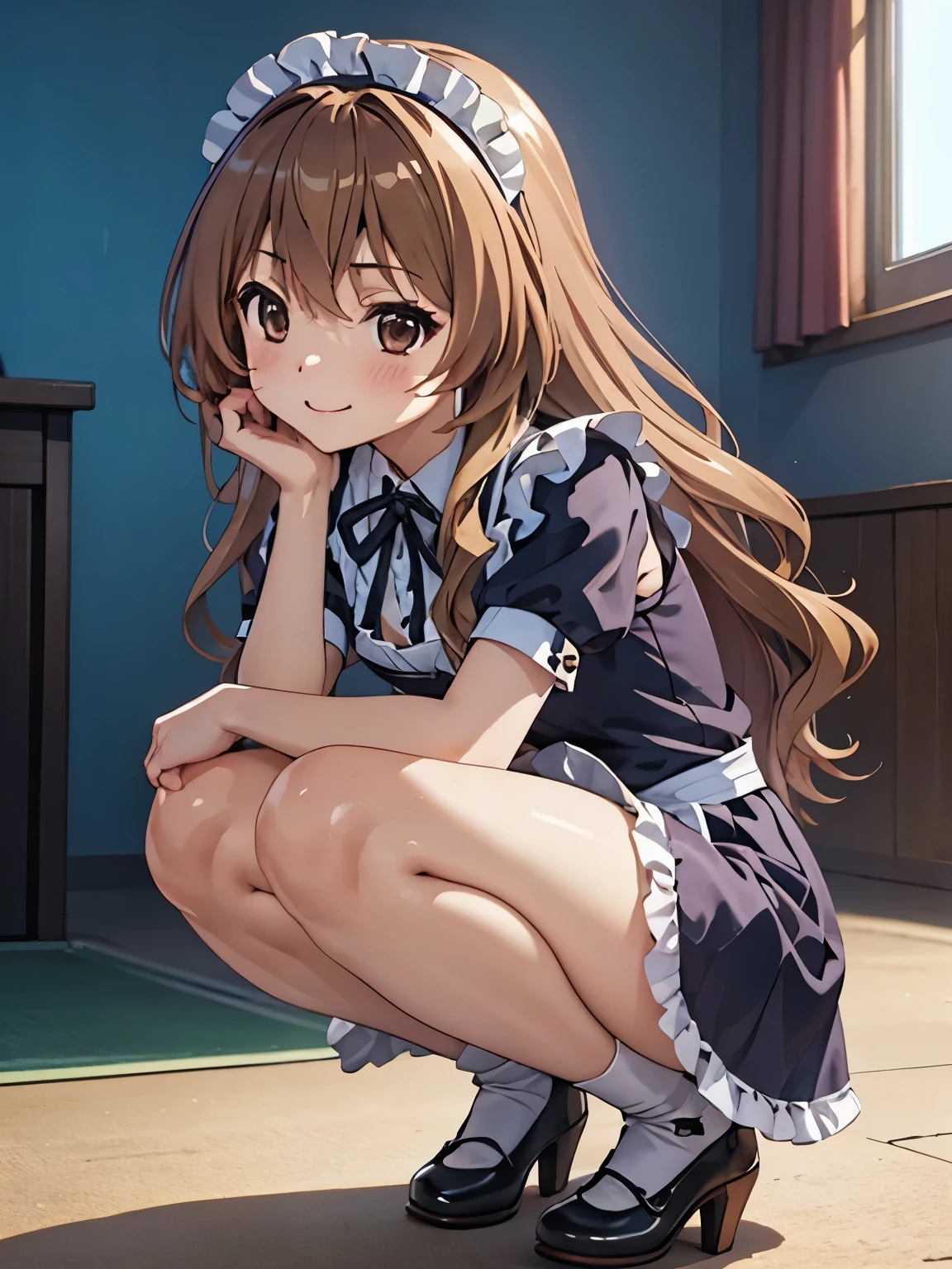 Best Quality、High resolution、Side shot、(Anime illustration style),Aisaka Taiga、smile、Wearing a maid outfit, Detailed painted face、Brown Hair、Closed Mouth、Beautiful brown eyes, (Colorful 1.2), Great photos, Dramatic lighting, Absolute reference to the center、4Ｋ，8Ｋ,(Genuine、Genuine志向、写真Genuine志向）、High resolution、超High resolution、Ultra High Definition Painting、whole body、Long skirt、Cowboy Shot、Victorian maid outfit、Place hands on knees、 Shift the center of gravity backwards, Quite embarrassing, (Squat:1.4), Place your heels on the ground, Squat，Raise your knees, Get down to the ground,