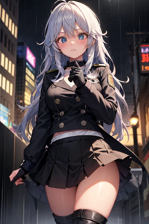 girl, (my hero academy), White hair, eyes with black bandages, black jacket, black fingerless gloves, short black skirt, black boots, (city at night with rain in the background).