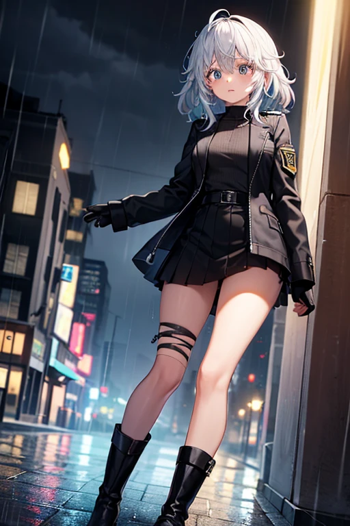 girl, (my hero academy), White hair, eyes with black bandages, black jacket, black fingerless gloves, short black skirt, black boots, (city at night with rain in the background).