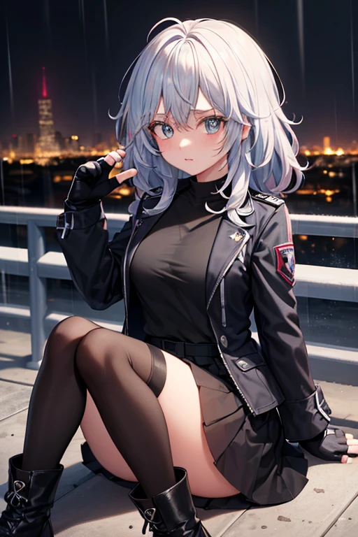 girl, (my hero academy), White hair, eyes with black bandages, black jacket, black fingerless gloves, short black skirt, black boots, (city at night with rain in the background).