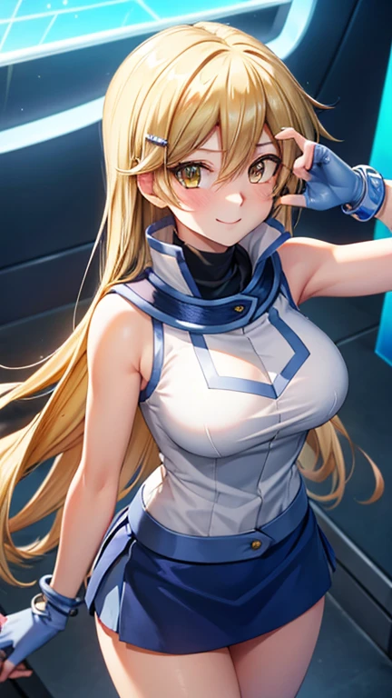 masterpiece, best quality, highres, heart hair ornament, ta1,blonde hair,long hair,yellow eyes, white jacket, sleeveless, blue skirt,tight skirt , miniskirt,fingerless gloves,smile,big tits  ,looking at viewer,top view,(standing), bracelet, Cyber city,blue neon lights,((perfect face)),perfect body, perfect , high definition,blush,((upper body))